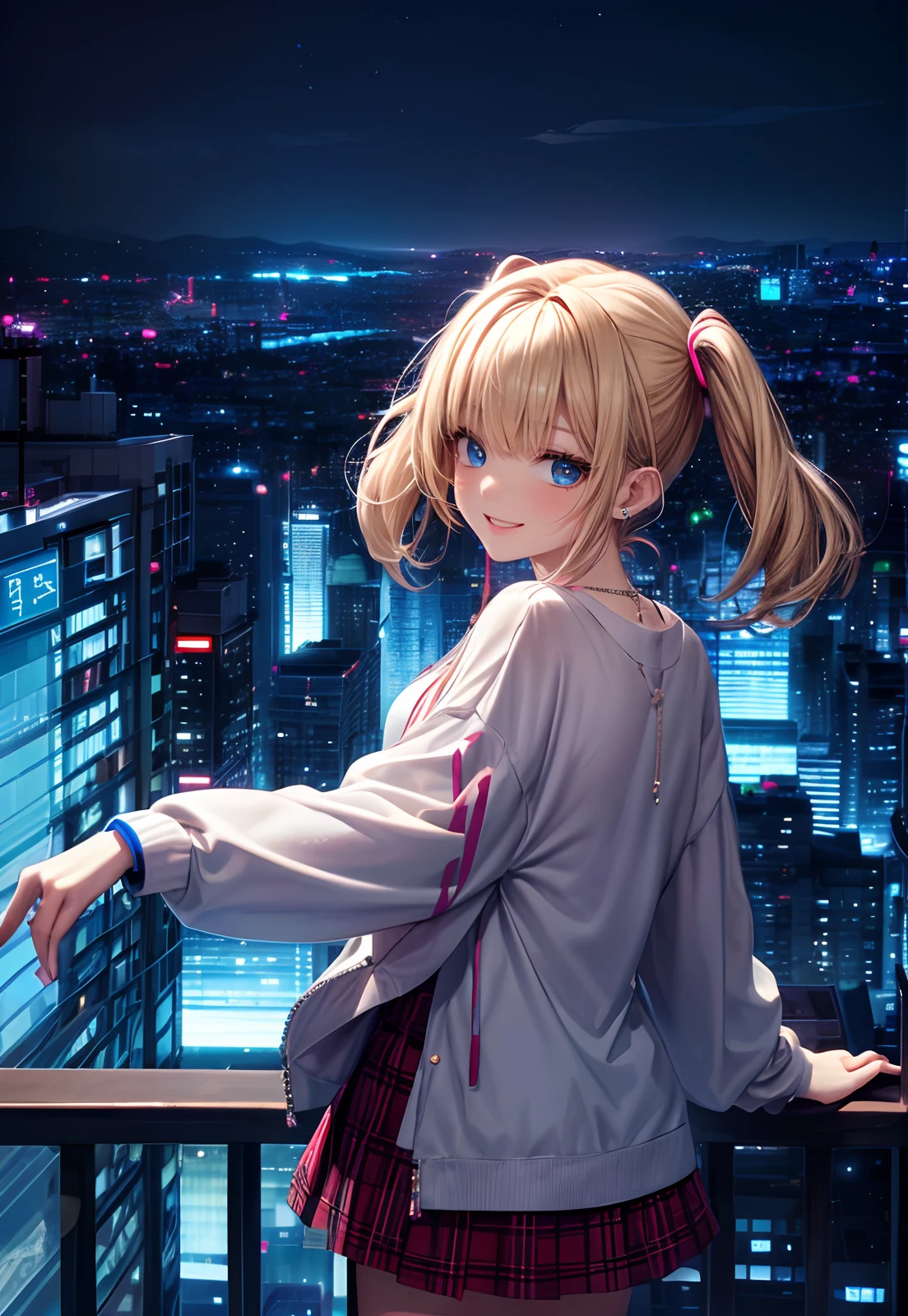absurderes, (独奏:1.5,)ultra-detailliert,bright colour, extremely beautiful detailed anime face and eyes, view straight on, ;D, shiny_skin,25 years old, Happy smiling face、Short hair, , asymmetrical bangs, Blonde hair with short twin tails, Shiny hair, Delicate beautiful face, red blush、(Blue eyes), White skin, hair clips, earrings, a necklace, Onepiece、(Midnight Tokyo)、(Lots of neon:1.3),(highrise buildings:1.2),(Scramble crossing)