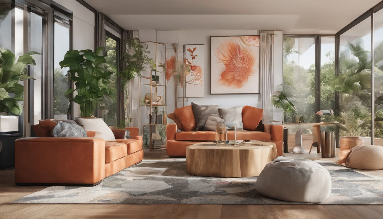 RAW, professional photograph, movie photograph, medium shot, Female, thirty years old, athletic body, soft facial features, long hair, straight hair, red hair, black eyes, sitting on couch, drinking orange juice, wearing casual clothes, Realism, hyperrealism, ray tracing, high details, super detail, UHD, 8k