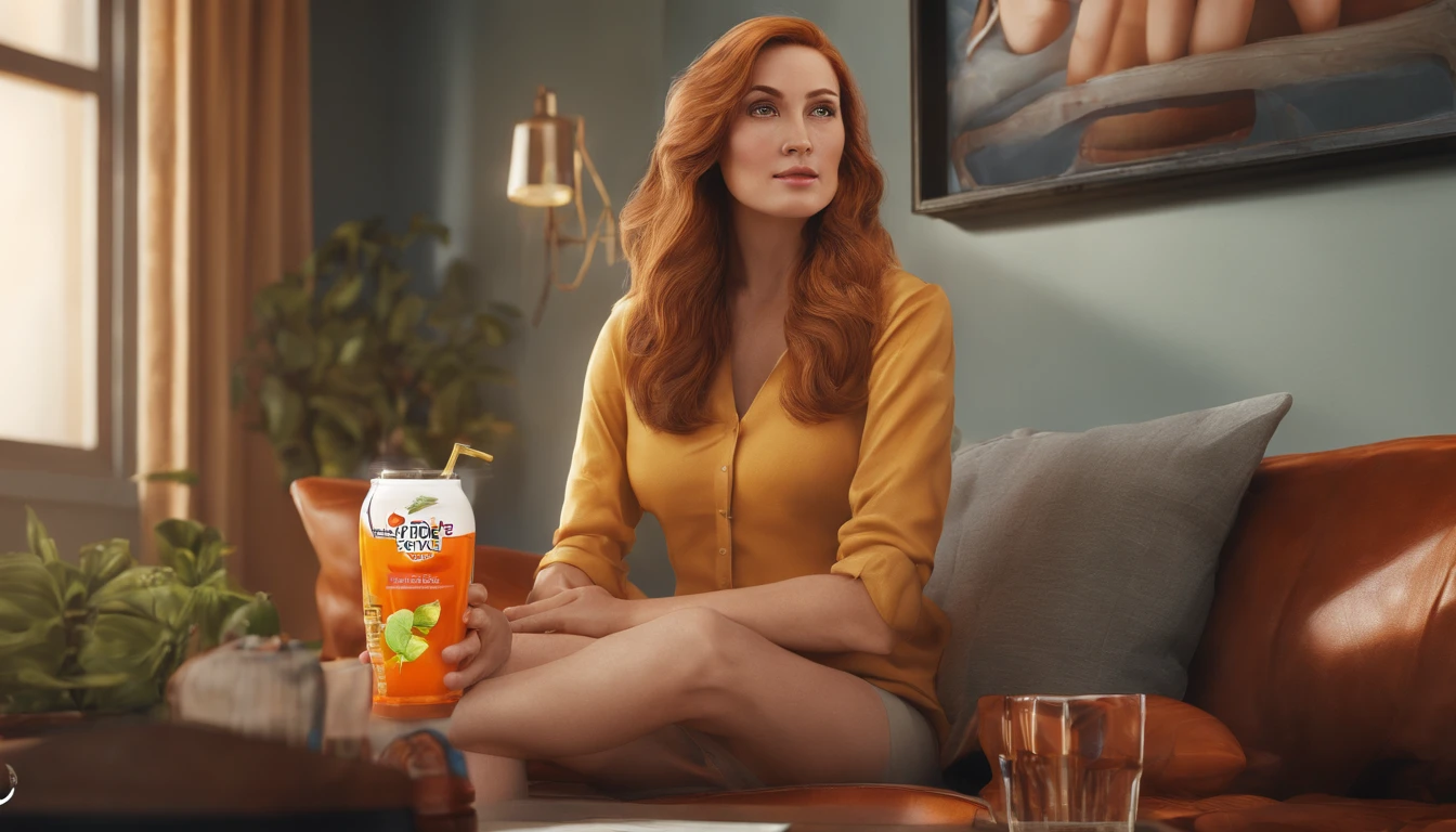 RAW, professional photograph, movie photograph, medium shot, Female, thirty years old, athletic body, soft facial features, long hair, straight hair, red hair, black eyes, sitting on couch, drinking orange juice, wearing casual clothes, Realism, hyperrealism, ray tracing, high details, super detail, UHD, 8k