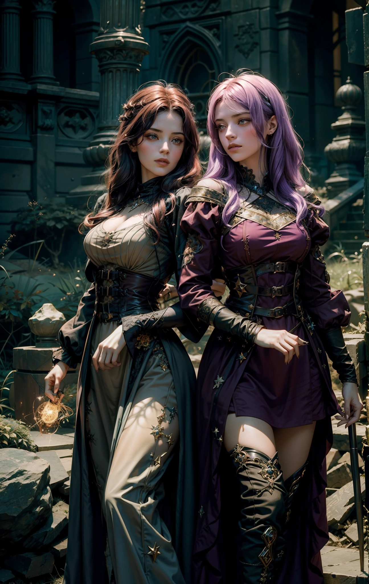 2 mulheres com a magia dourada, The background of the image is dark and starry and full of patches of light with sparks of fire, 2 mulheres de tons de cabelo diferente assim como os olhos, 1 melher tem cabelos verdes, the other melher has hair and lilac