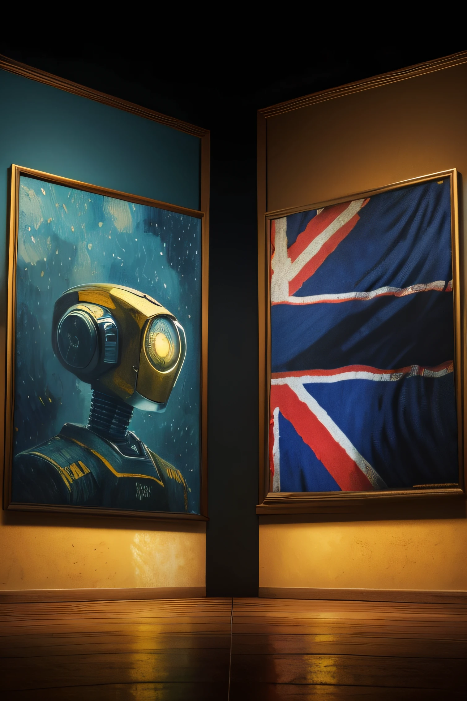 /imagine prompt: an oil painting by Vincent van Gogh illustrating a divided scene: left side UK flag, right side an AI robot against each other, with a warm color temperature, the robot's facial expression is intense, bright lighting, and a turbulent atmosphere. --v 5 --stylize 1000