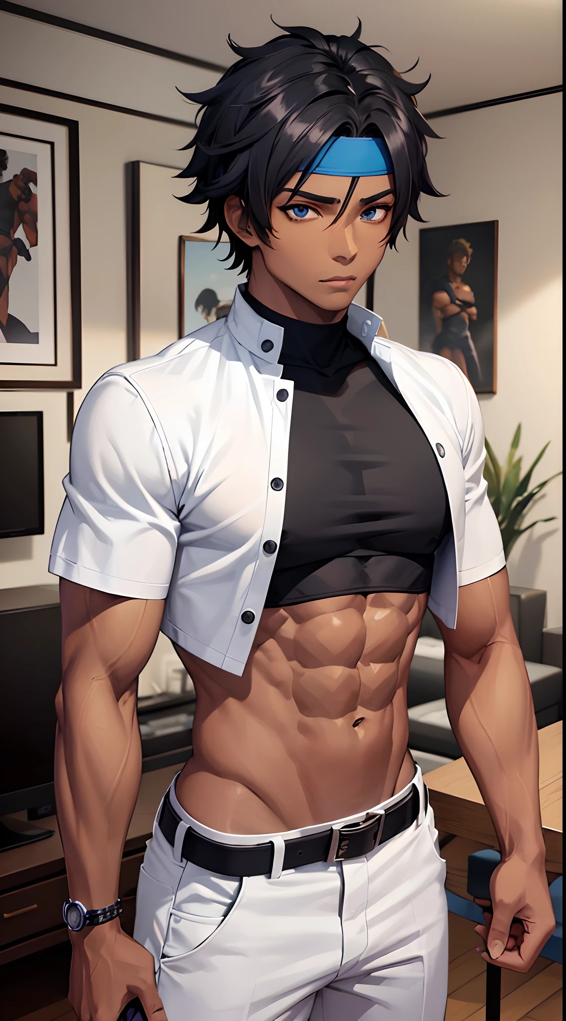 african-american black skin, 1boy, anime style, Fit, muscle, six-pack, abs, Anime boy wearing Black shirt crop top, white trousers, cornrows hairstyle, blue eyes colour, headband, pose of him holding Pistol Gun, straight on living room, anime art wallpaper, detailed, 8k, best quality