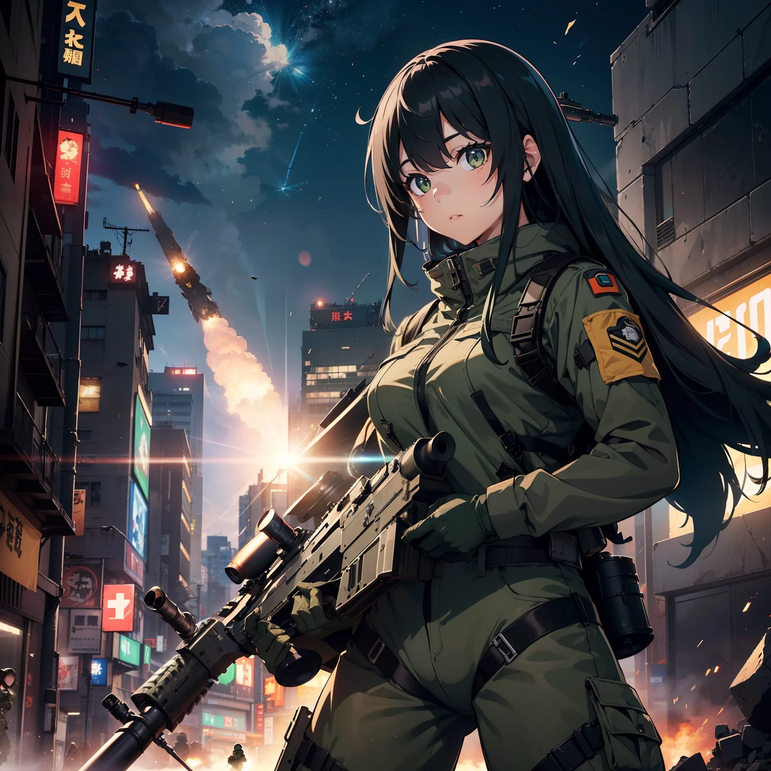 (One girl soldier sniping a giant military robot with a Lahti L-39 anti-tank gun)、(Black combat uniform)、thick body、 Photorealsitic:1.4、long Brond Hair、green colored eyes、Have multiple weapons、rubble、((超A high resolution))、Detail Write、masterpiece、top-quality、extremely details CG、8K picture quality、Cinematographic lighting、lensflare、(Night combat)、((Shinjuku at night where 5 special forces fight))、(Sniping with anti-tank rifles)、Hyper-detailing、The wreckage of a giant robot、cowboy shot:1.4