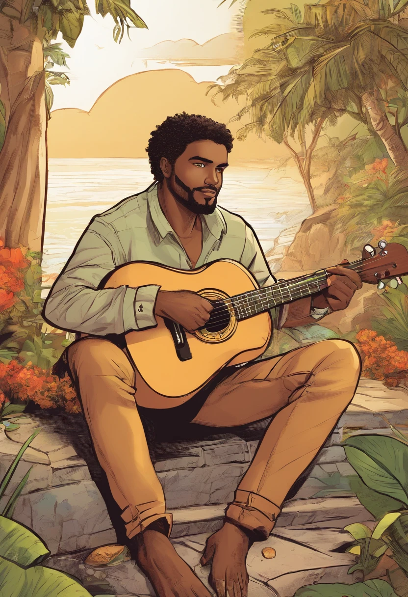 a brown-skinned man, approximately 28 years old, sitting, playing the ukulele;