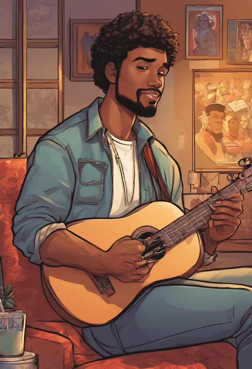 a brown-skinned man, approximately 28 years old, sitting, playing the ukulele;