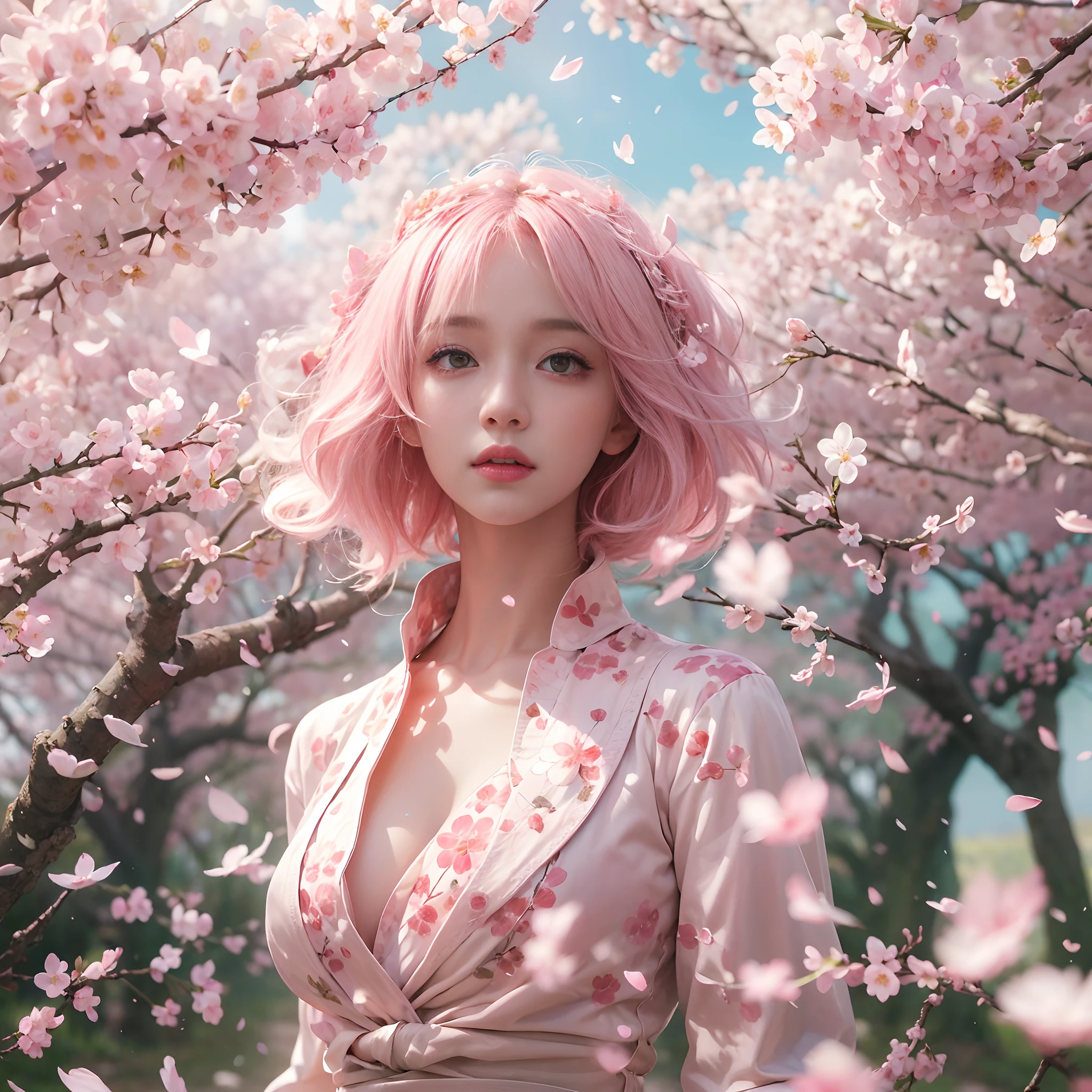 (((UHD))), (((masterpiece))), (((8k))), (((highres))), (((Surrealism))), (((cinematic lighting))), god rays, zoom layer, (((fullbody shot))), f/4.0, Canon, shiny skin,detailed skin,detailed face, detailed eyes, Cherry blossom spirit in female form, light pink hair, hair interwoven with white petals, hair flowing gently like cherry blossom petals in the wind, eyes gleaming like spring sunlight, outfit with cherry blossom petal design, silk attire, pale pink short boots, Dew-kissed meadow, gracefully spreading cherry blossom trees, petals fluttering with each breeze, creating a fleeting floral snowstorm in the air