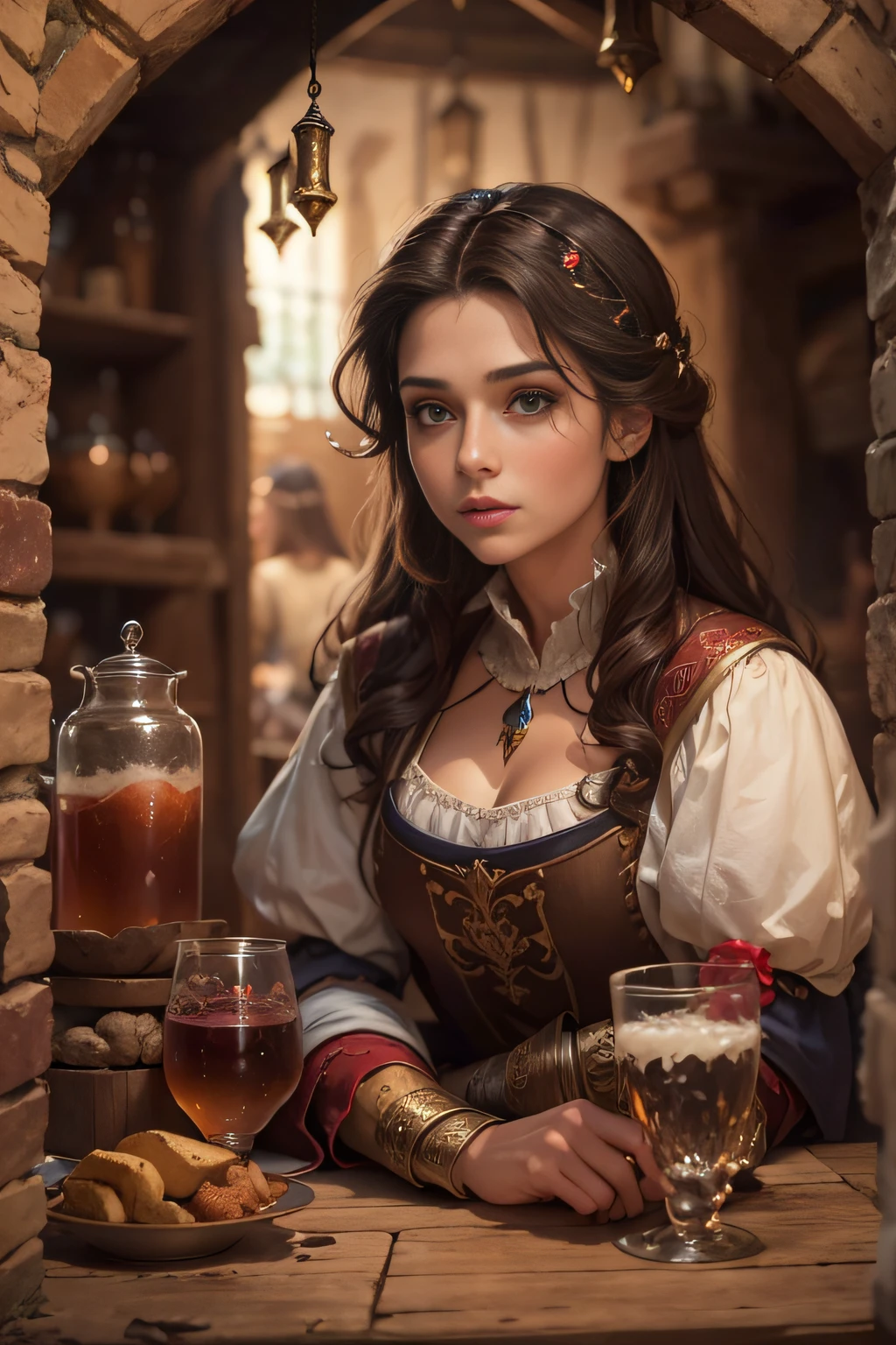 There's one with brown hair and peasant clothes sitting in a tavern, fantasy genre portrait, Foto do personagem de fantasia, retrato medieval, como um personagem de fantasia medieval, donzela bonita, estilo medieval, vestidos com roupas medievais, retrato do personagem da fantasia, em estilo renascentista, em alto estilo renascentista, retrato realista do renascimento, linda donzela fantasia , medieval, jogo de fantasia medieval, Fotografia profissional,mulher europeia,(obra prima)(Ultra realista),(melhor qualidade),(mulher medieval :1.2),(Ultra Detalhado),(ambiente desfocado :1.5),(ambiente profundo),(trajes velhos :1.3)(roupa descastada)(camponesa :1.2)