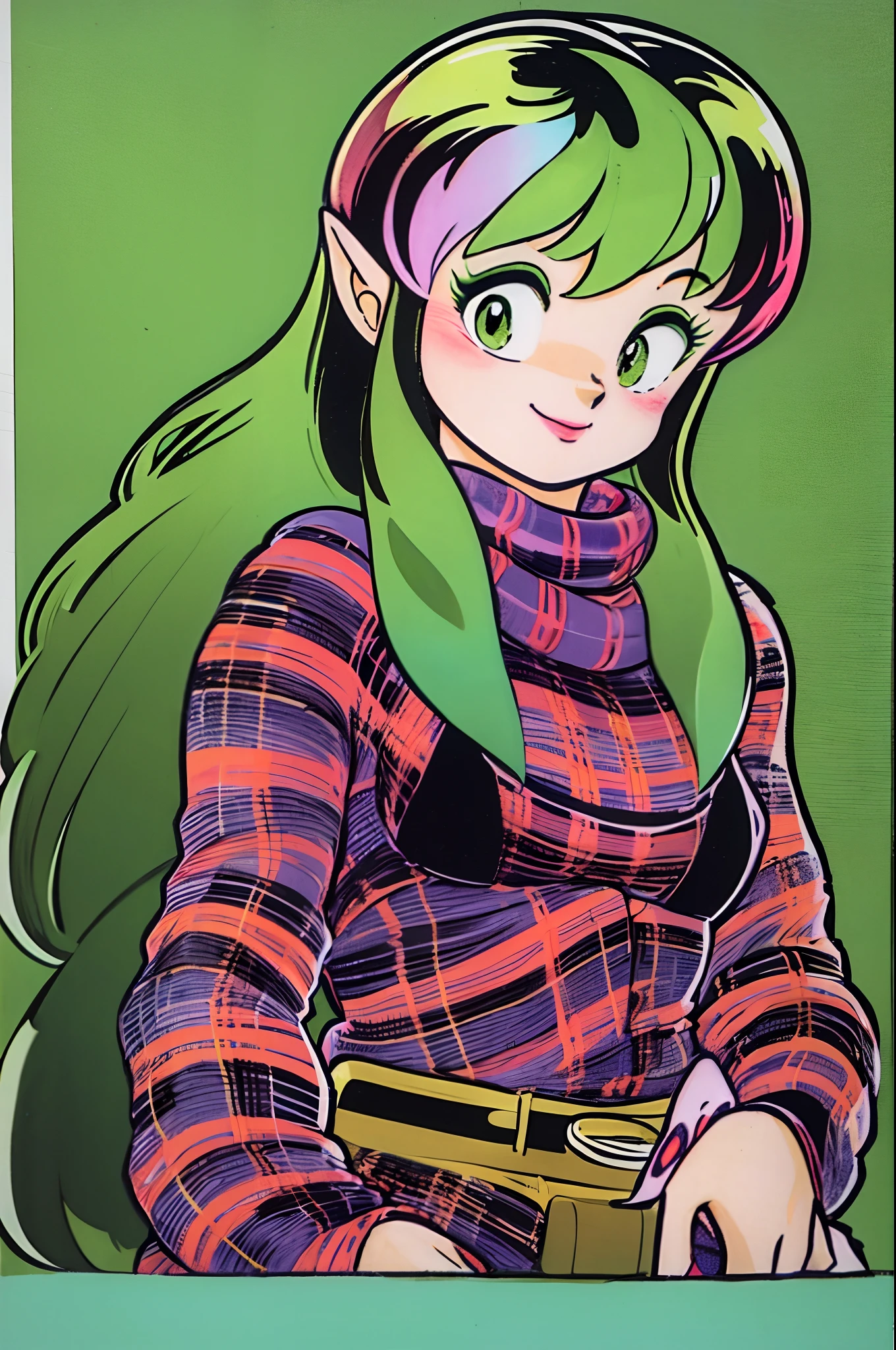 1girl, solo, horns, scarf, long hair, lum, bikini, green hair, white background, , green eyes, makeup, hands in pockets, multicolored hair, 1980s (style), simple background, casual, oni horns, eyeshadow, belt, traditional media, pointy ears, floating hair, retro artstyle, oni, full body, smile