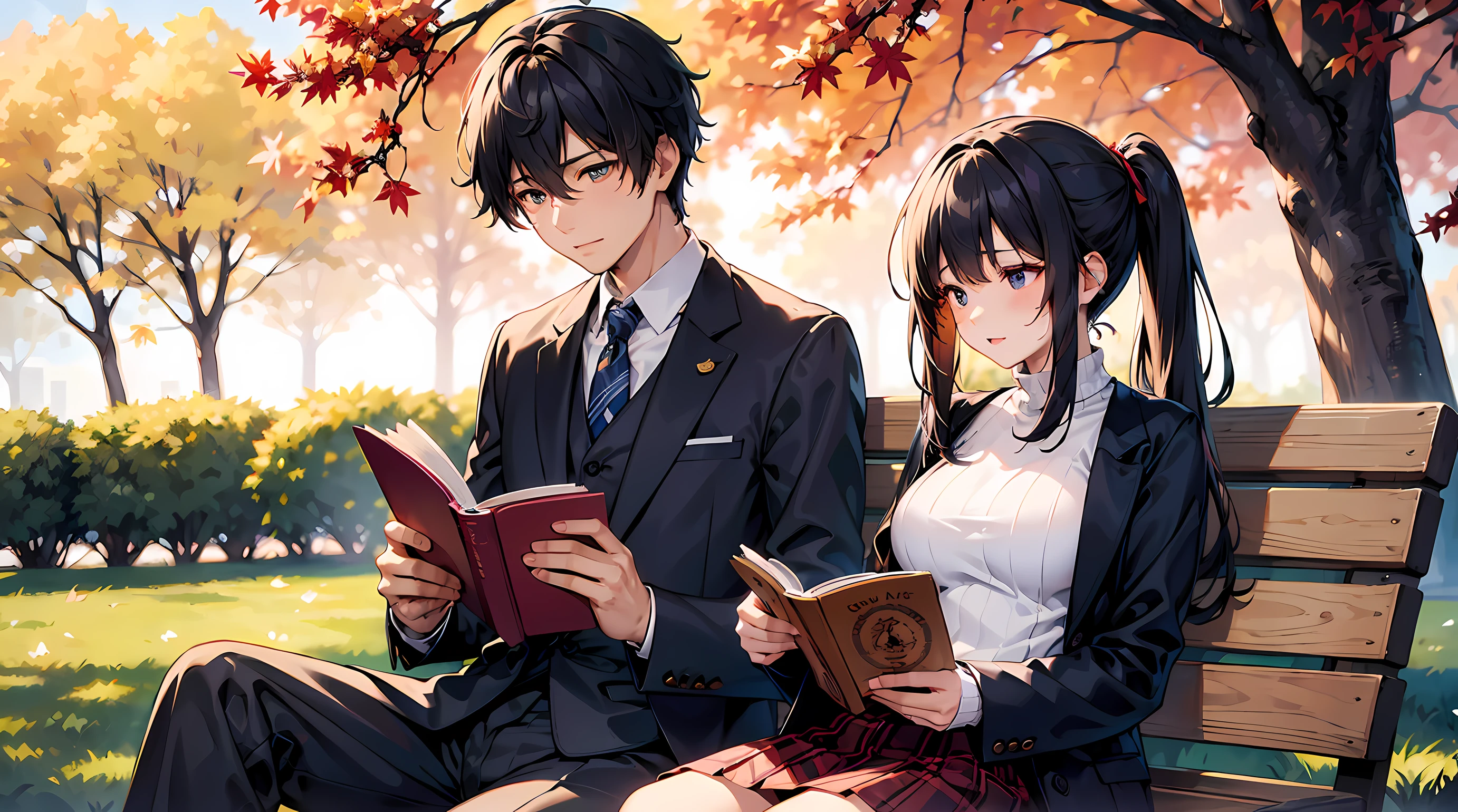 Canada、Colored leaves、Maples、A hill、Maple tree、leaves falling、1man and 1girl, Man is sitting under a tree and reading。Woman sleeping on a man's lap pillow、blissful expression、Korean Drama、Tokkebi、Gong Yoo、Kim Goeun, a man dressed in stylish suit clothes, a woman wearing a long-sleeve sweater, pleats skirt, and Red Muffler、