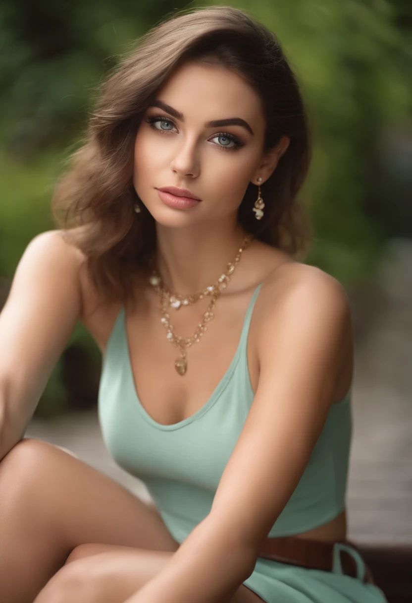 arafed woman with a pink top and a necklace, sexy girl with green eyes, portrait sophie mudd, brown hair and large eyes, selfie of a young woman, guilty eyes, biting lip, violet myers, Bryana Salaz, without makeup, natural makeup, looking down to the ground, face with artgram, subtle makeup, stunning full shot, piercing green eyes, beautiful angle, attractive pose, cute girl, sexy pose, full body picture, full body, full body shoot, brunette goddess, high detail, satisfied pose, short skirt, sitting position exposes skin up the thigh