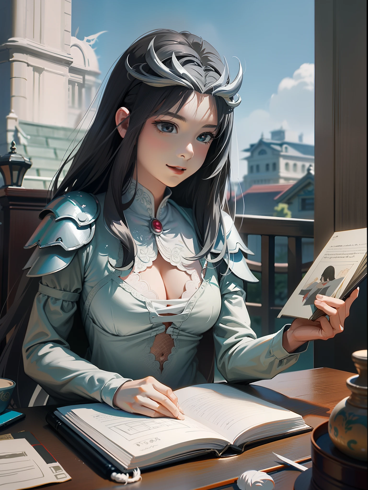 Silver hair,hentail realism, shadowing,,character sheets, reference sheet, Standing painting, 8K, Super detail, 1080p, Women's HD,femele, 16k, high resolution, Best quality, High quality, Anatomically correct, Masterpiece, ccurate, hyper HD,As graceful as a swan,unreal-engine, Ghibli-like colors, anime big breast, Standing painting, angle of view,battle armor,ssee-through,Lace skirt,Fluorescence behind it,showing belly,Red infracing