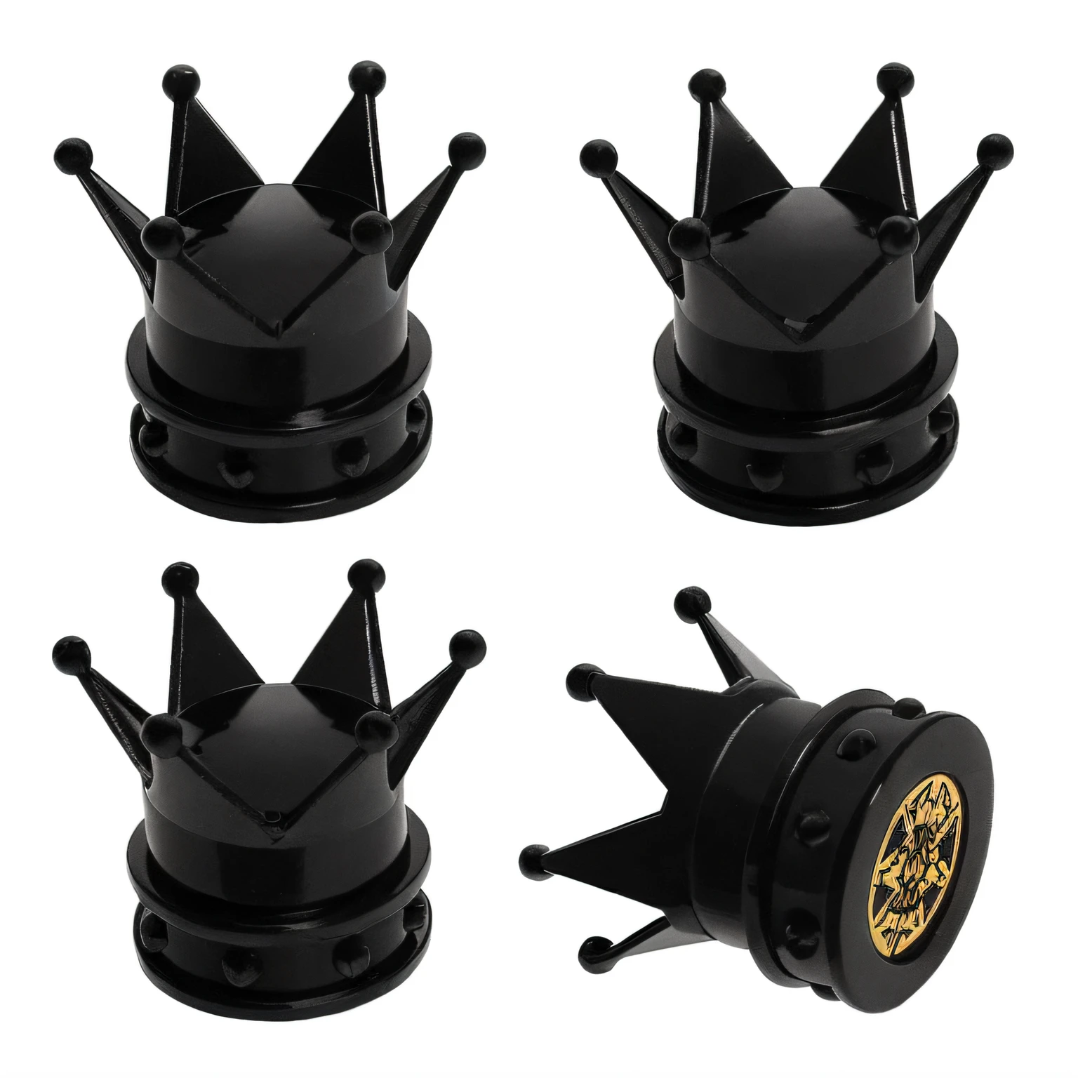 Four black crown-shaped knobs，The top is finished with gold-toned threads, prince crown of black gears, black iron crown, Black Crown, crowns, trident metal crown, Crown with pins, long black crown, | 28mm |, floating crown, small crown, strange crown ), ( Queen , crown, Majesty, Red steampunk laser crown, Queen chess piece photo,Smooth surface，