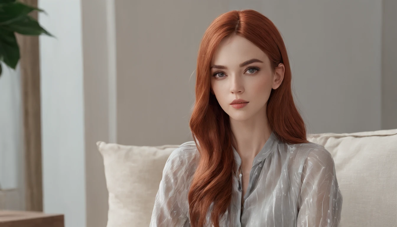 RAW, professional photograph, movie photograph, medium shot, Female, thirty years old, athletic body, soft facial features, long hair, straight hair, red hair, black eyes, sitting on couch, drinking orange juice, wearing casual clothes, Realism, hyperrealism, ray tracing, high details, super detail, UHD, 8k