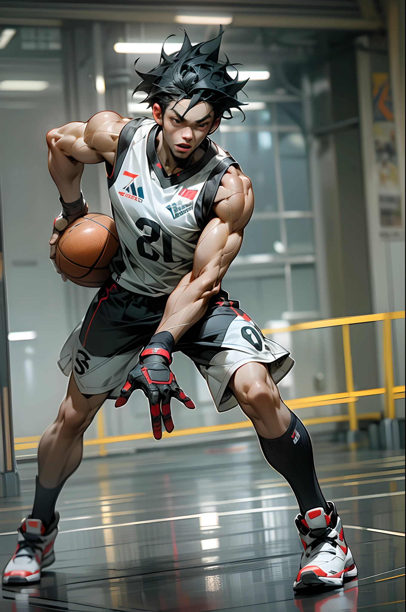 35mm camera lens，cool guy，athlete，basketball ball，Shooting，detailedbackground，Asian Games，Full body like，True skin texture，Smudge，Accurate facial features，dynamic blur，super-fine，ultra - detailed，high qulity，8K ，oc rendered，dynamic viewing angle，Hyper Real，Ultra photo realsisim