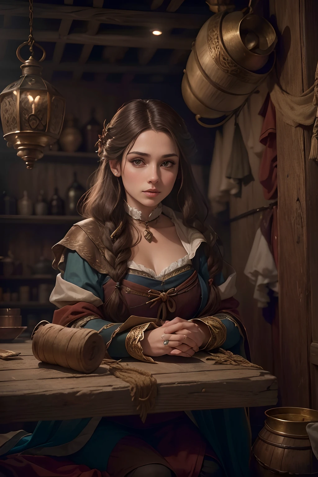 There's one with brown hair and peasant clothes sitting in a tavern, fantasy genre portrait, Foto do personagem de fantasia, retrato medieval, como um personagem de fantasia medieval, donzela bonita, estilo medieval, vestidos com roupas medievais, retrato do personagem da fantasia, em estilo renascentista, em alto estilo renascentista, retrato realista do renascimento, linda donzela fantasia , medieval, jogo de fantasia medieval, Fotografia profissional,mulher europeia,(obra prima)(Ultra realista),(melhor qualidade),(mulher medieval :1.2),(Ultra Detalhado),(ambiente desfocado :1.5),(ambiente profundo),(trajes velhos :1.3)(roupa descastada)(camponesa :1.2)