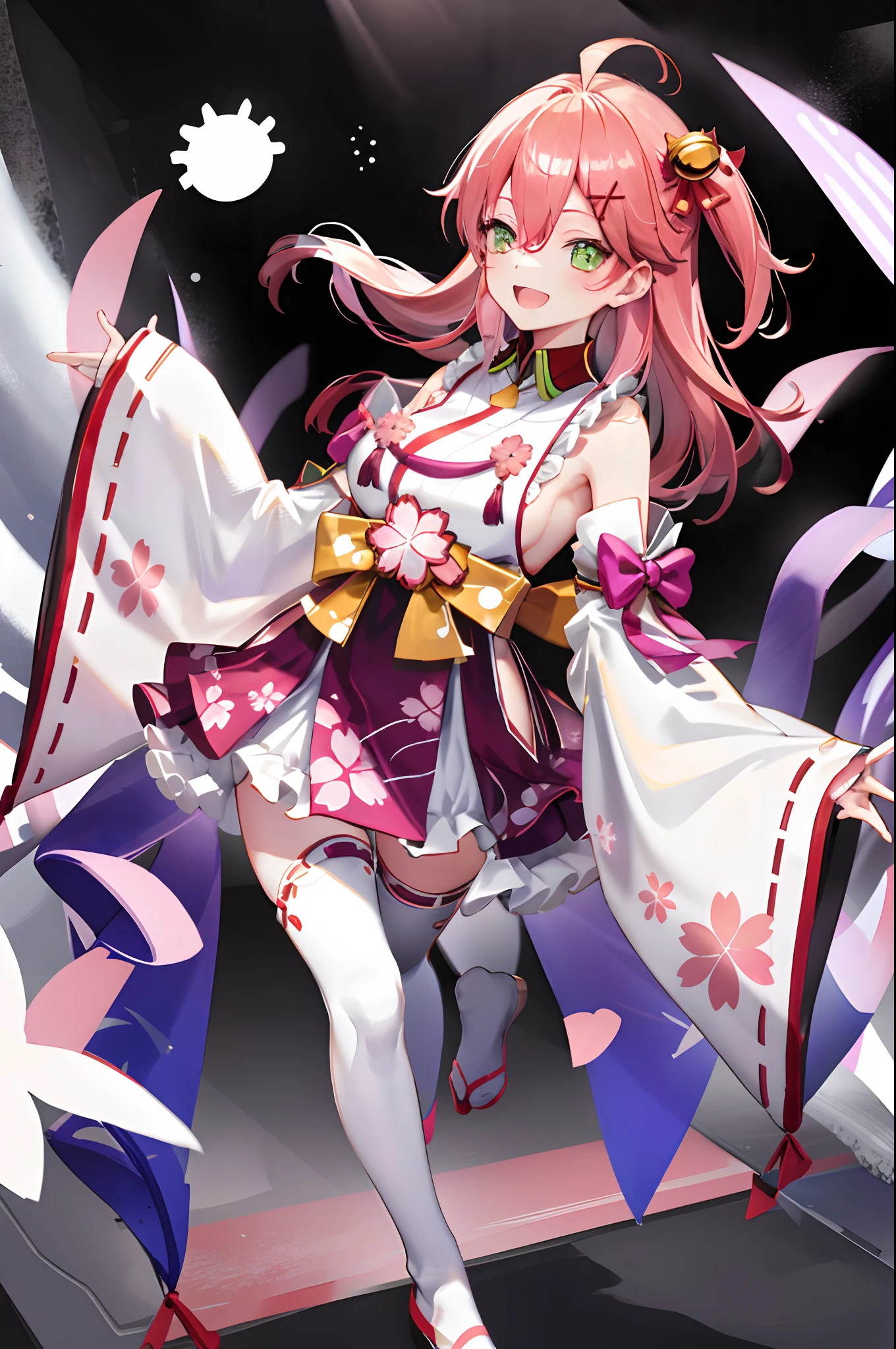 masterpiece, best quality, highres, miko1, sakura_miko, 1girl, green eyes, solo, ahoge, x_hair_ornament, pink_hair, floral print, hairclip,side_less_clothes, (sideboobs:1.4), hair_bell, floral print, long_hair, hair between eyes, one side up, white thighhighs, asymmetrical legwear, wide sleeves, open_mouth,happy,close_eyes, smile,jumping,rising_leg,plump,apart_legs,(overly_long_sleeves:1.1),(beautiful_fingers),sleeves_past_wrists,hands_hidden_sleeves