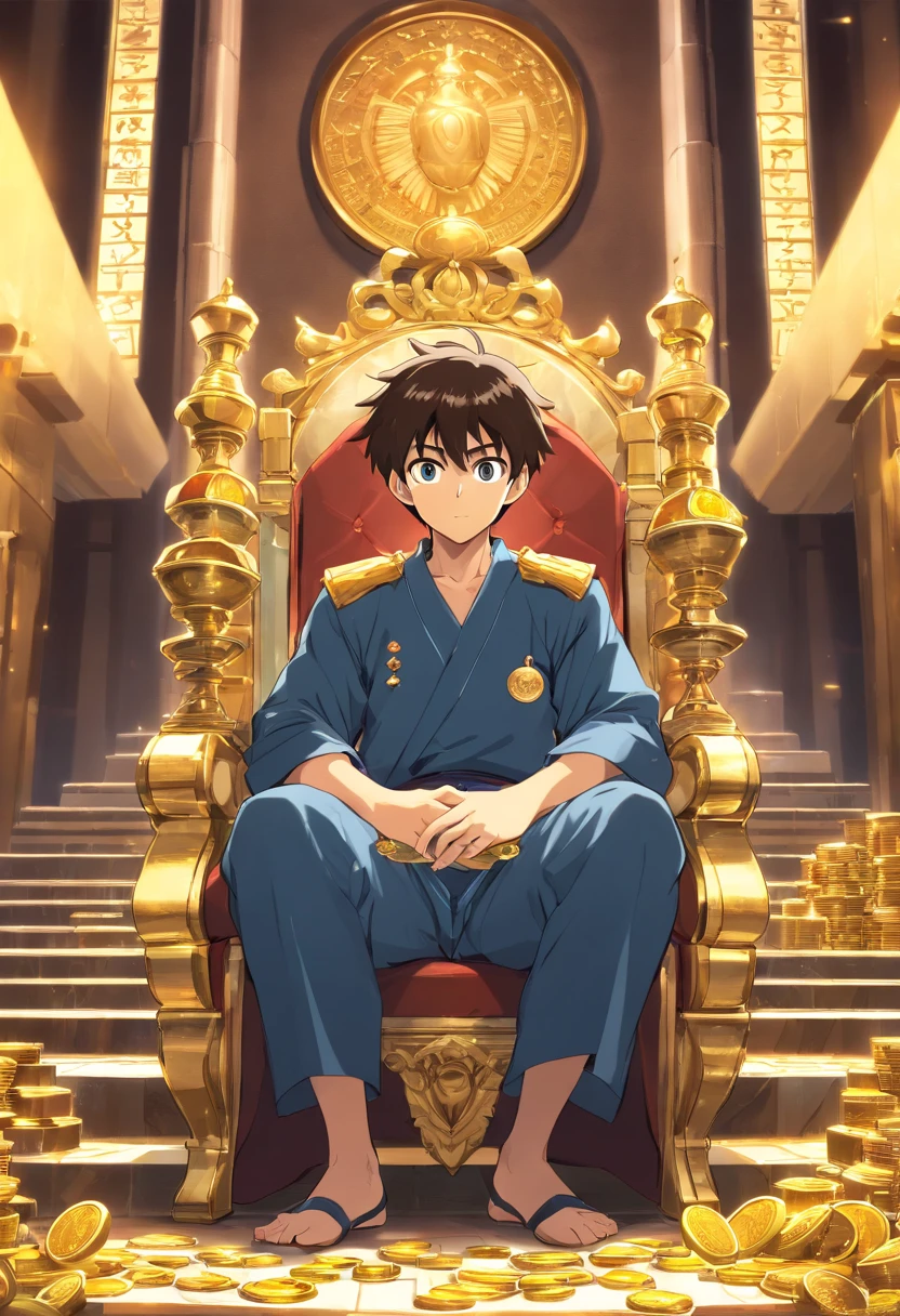 Captain Tsubasa's Urabe is an Arab royal family member, sitting on the throne, Inside the palace, Surrounded by dollars ,Gems and gold coins, treasure. looking at camera