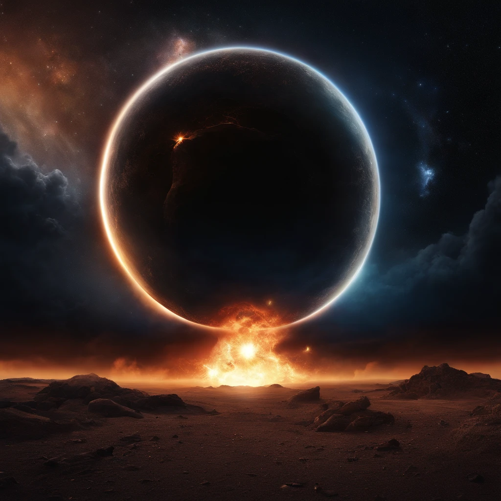 Best Quality, hight resolution, destroyed planet,space view,dark background,explosion debris,flying rocks,cracked surface,cosmic dust,fiery remnants,apocalyptic atmosphere,galaxy in distance,star-filled sky,cosmic devastation,otherworldly destruction,spectacular cosmic event,surreal celestial scene,astronomical catastrophe,mesmerizing chaos,post-apocalyptic beauty,cosmic cataclysm,endless void,cosmic aftermath,celestial catastrophe,emerging black hole