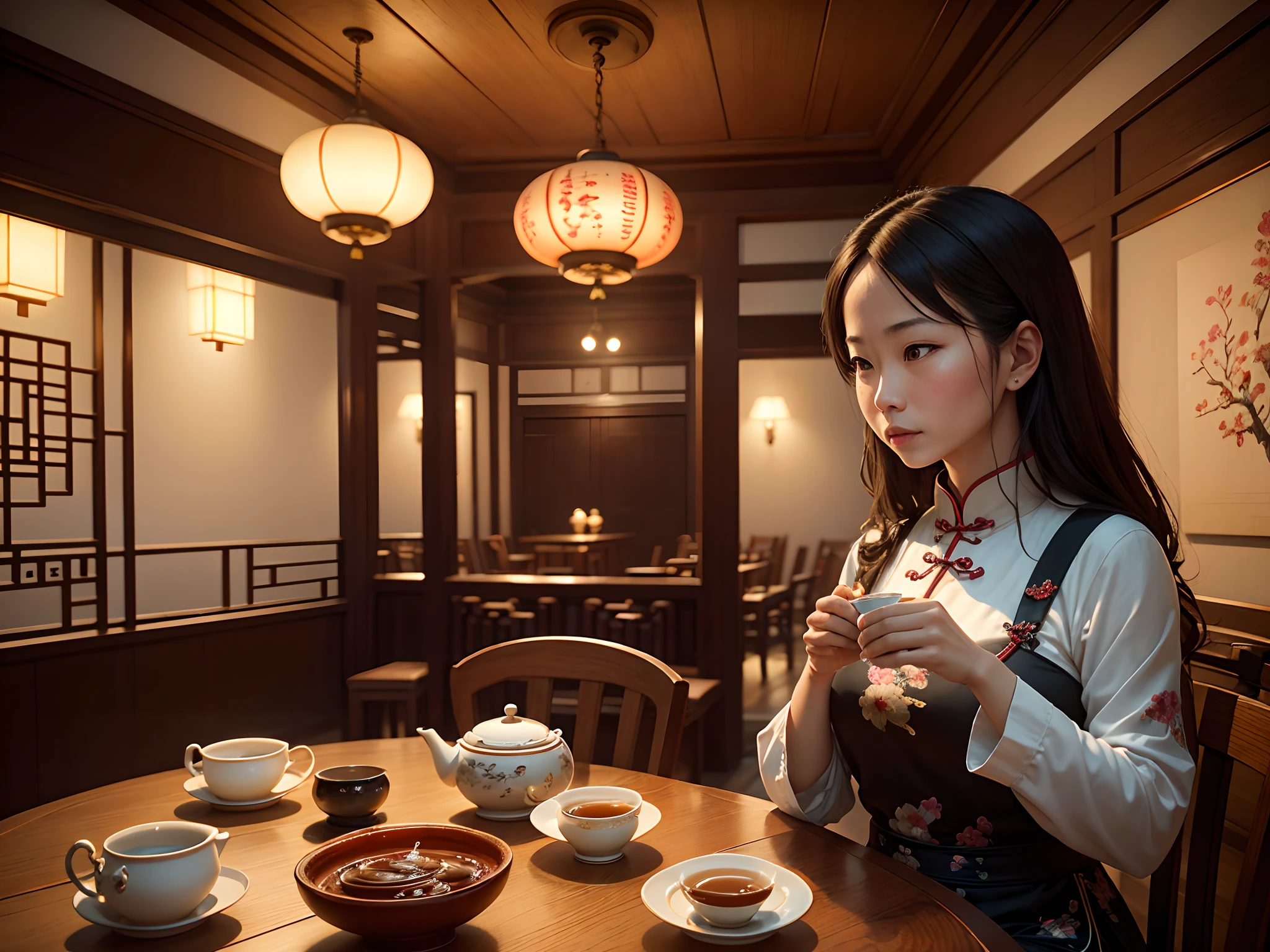 A tea house in a Shanghai-style colonial building in Hong Kong. The tea house features a fusion of Eastern and Western architectural styles, reflecting the historical background and cultural connotations of the city. It serves as a hub for social gatherings, blending traditional Chinese tea culture with elements of Western culture.

The tea house is exquisitely designed with intricate wood carvings and ornate decorations. The interior is adorned with silk lanterns, traditional Chinese artwork, and antique furniture, creating a harmonious blend of past and present. The space is filled with the aroma of freshly brewed tea, and the walls are adorned with calligraphy scrolls that showcase the beauty of Chinese characters.

In this bustling tea house, elderly locals gather to engage in lively conversations while sipping tea. Tourists from around the world also frequent the tea house to experience the unique blend of Cantonese and Hong Kong cultures. The tea house serves as a platform for cultural exchange, providing a glimpse into the rich history and cultural heritage of the city.

The tea house also caters to the needs of the modern world, with a designated area for business meetings and gatherings. It offers a tranquil and elegant environment for professionals to unwind and discuss important matters, blending the traditional with the contemporary seamlessly.

To ensure the highest image quality and realism, please include the following tags at the beginning of the prompt: "(best quality, 4k, 8k, highres, masterpiece:1.2), ultra-detailed, (realistic, photorealistic, photo-realistic:1.37)". These tags will ensure that the generated image is of the highest fidelity.

Additional tags: tea culture, historical landmarks, architectural details, cultural fusion, cosmopolitan, vibrant, traditional craftsmanship, traditional attire, bustling atmosphere, scenic views, vibrant colors, soft lighting, cultural heritage.