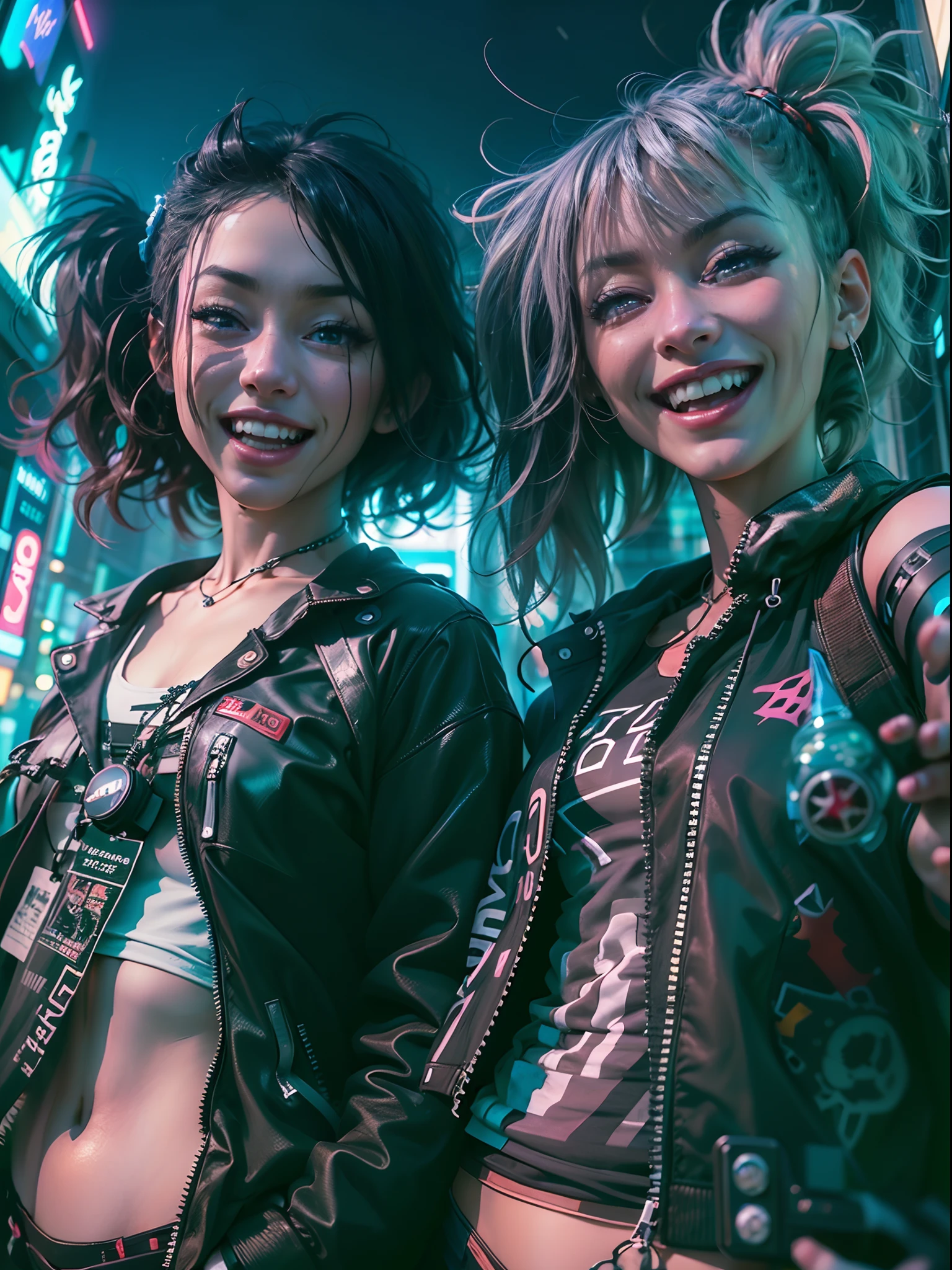 ((2 cyberpunk girls wearing Harajuku style pop outfit)), ((fisheye lens)), cowboy shot, wind, messy hair, cyberpunk cityscape, (aesthetics and atmosphere:1.2), smiling, laughing, (cinematic lighting).