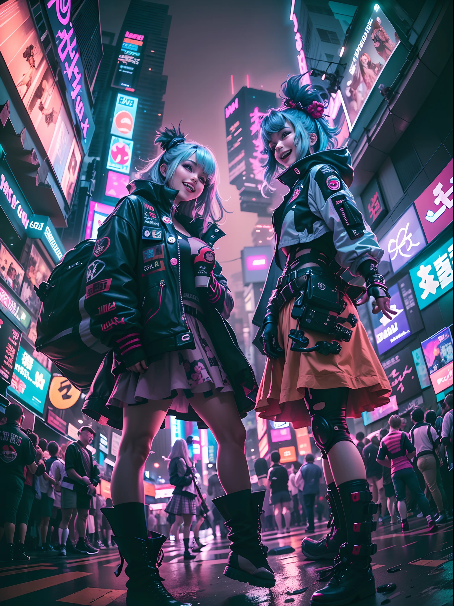 ((2 cyberpunk girls wearing Harajuku style pop outfit)), ((fisheye lens)), cowboy shot, wind, messy hair, cyberpunk cityscape, (aesthetics and atmosphere:1.2), smiling, laughing, (cinematic lighting).