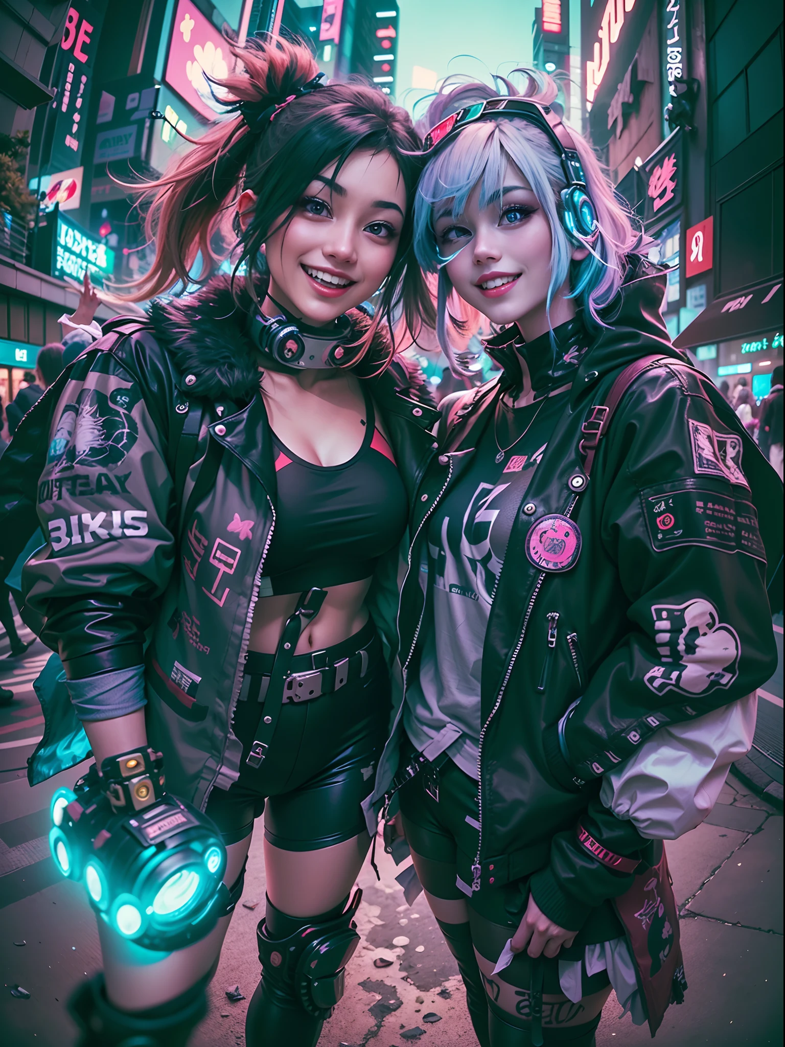 ((2 cyberpunk girls wearing Harajuku style pop outfit)), ((fisheye lens)), cowboy shot, wind, messy hair, cyberpunk cityscape, (aesthetics and atmosphere:1.2), smiling, laughing, (cinematic lighting).