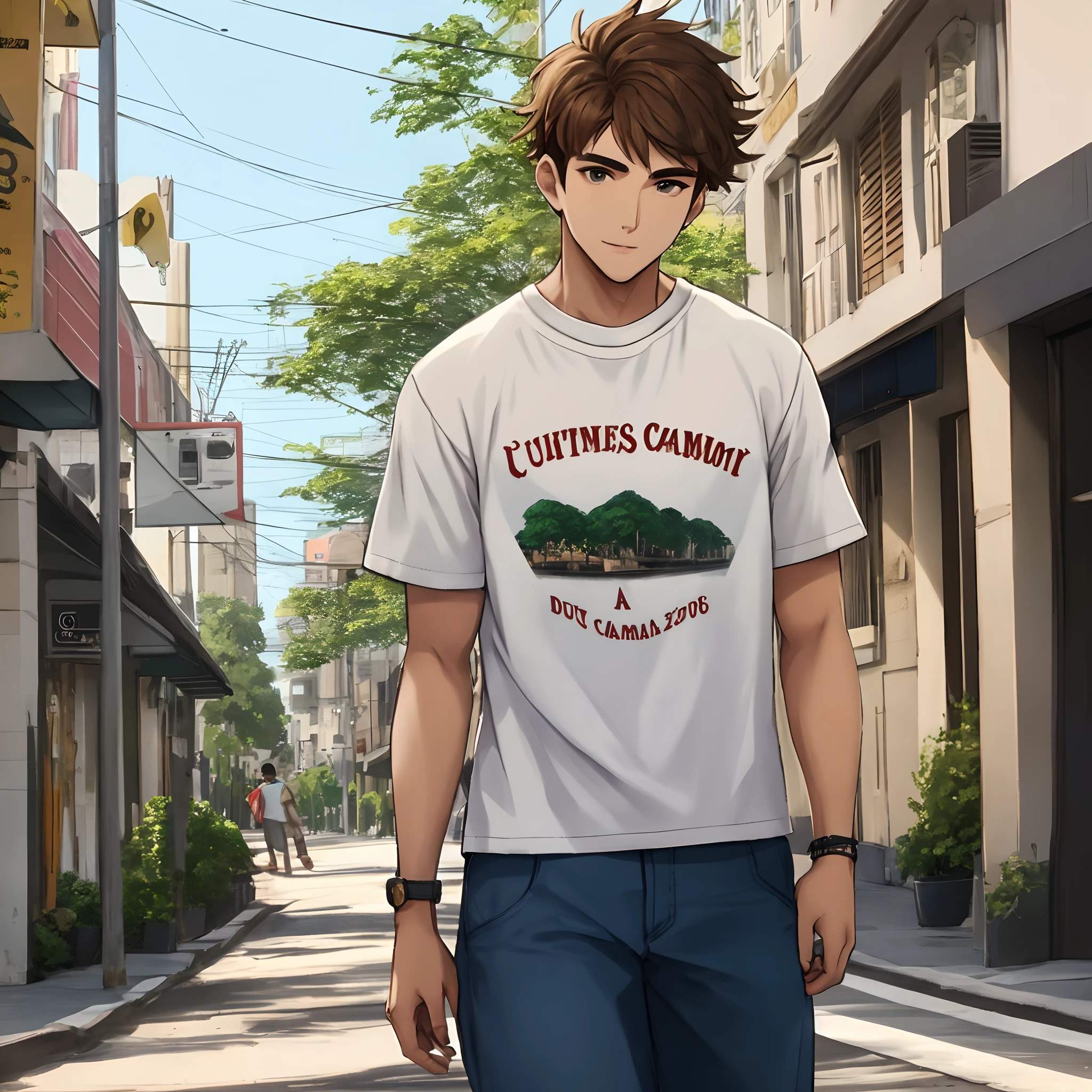 Uma homem na rua usando uma camiseta