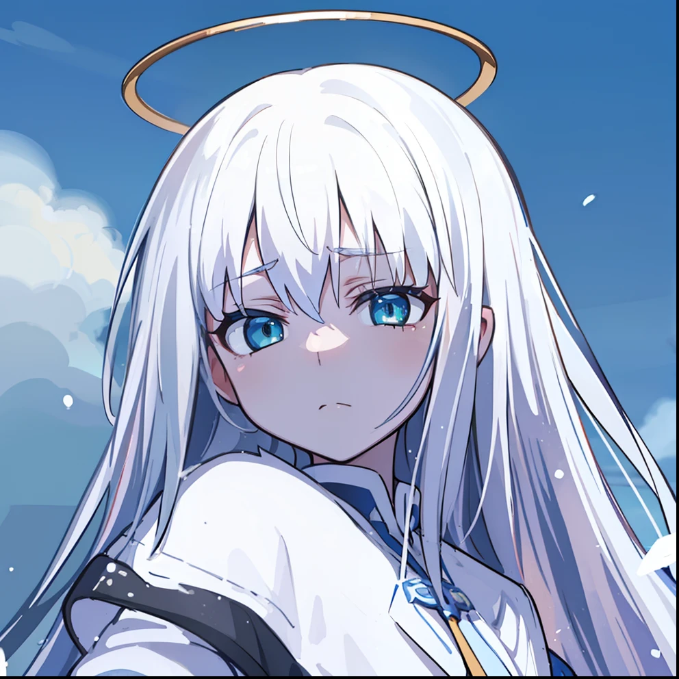 hiquality, tmasterpiece (one girls) Angel. golden halo. Cyan eyes. snow-white hair. pale skin. indifferent face. whitedress. Against the background of the sky