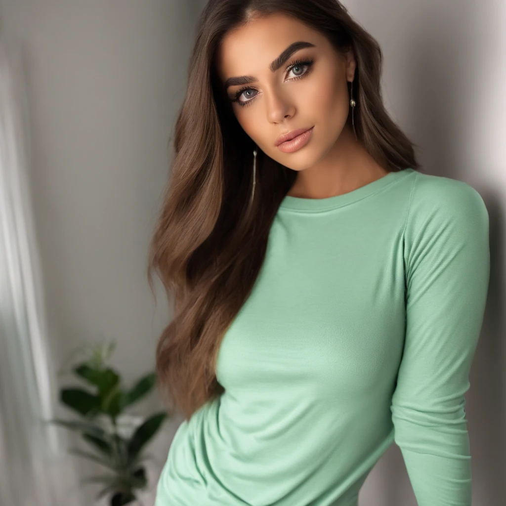 Arafed Mujer con una camiseta blanca sin mangas y un collar, Chica sexy con ojos verdes, Retrato Sophie Mudd, brown hair and large eyes, selfie de una mujer joven, Ojos del dormitorio, Violeta Myers, sin maquillaje, Maquillaje natural, staring directly into camera, cara con artgram, maquillaje sutil, Impresionante foto de cuerpo completo, penetrantes ojos verdes