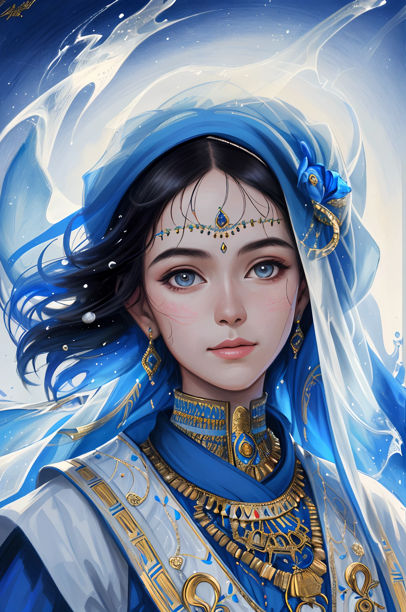 Young traditional dancer of the Arab nation, The detailed and sharp focus is on her face, hyper-detailing, A high resolution, Portrait of William Hainretz, aquarelle, Wet and splash technology, Centered, Perfectcomposition, abstraction, surrealism, trending on artstationh, Sharp focus, studio photo, Intricate details, Highly detailed, by Greg Rutkowski