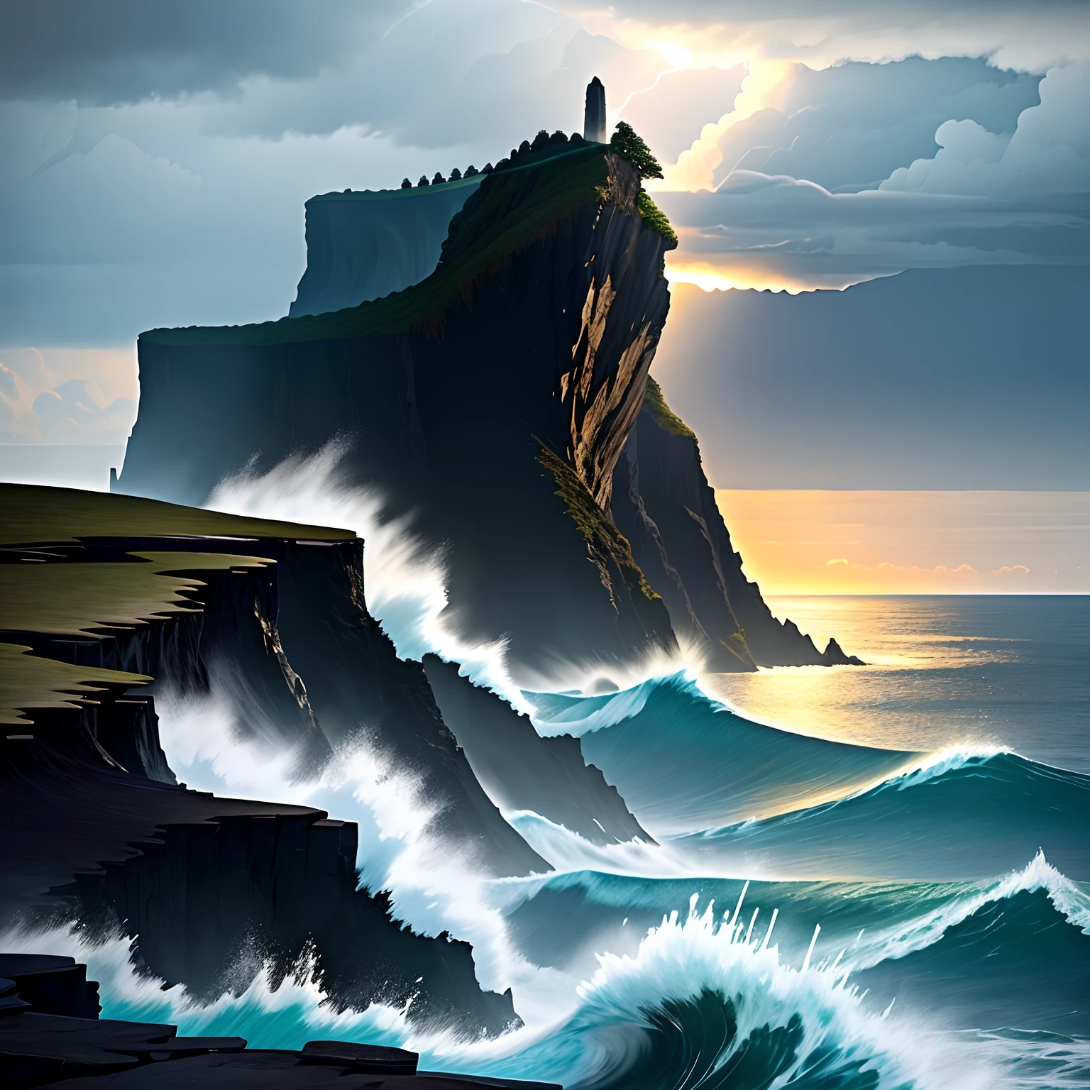 the night(paint black),sea surface(Lightning strikes)Bright waves(not too,The waves are strong)Hitting the reef(rugged),A steep cliff juts out from the side。Enshrouded by clouds,Cover the entire sky。an eagle(The whole body is pitch black,sharp looking eyes)(It doesn't take up a lot of space)Fly over cliffs(Spread your wings)。