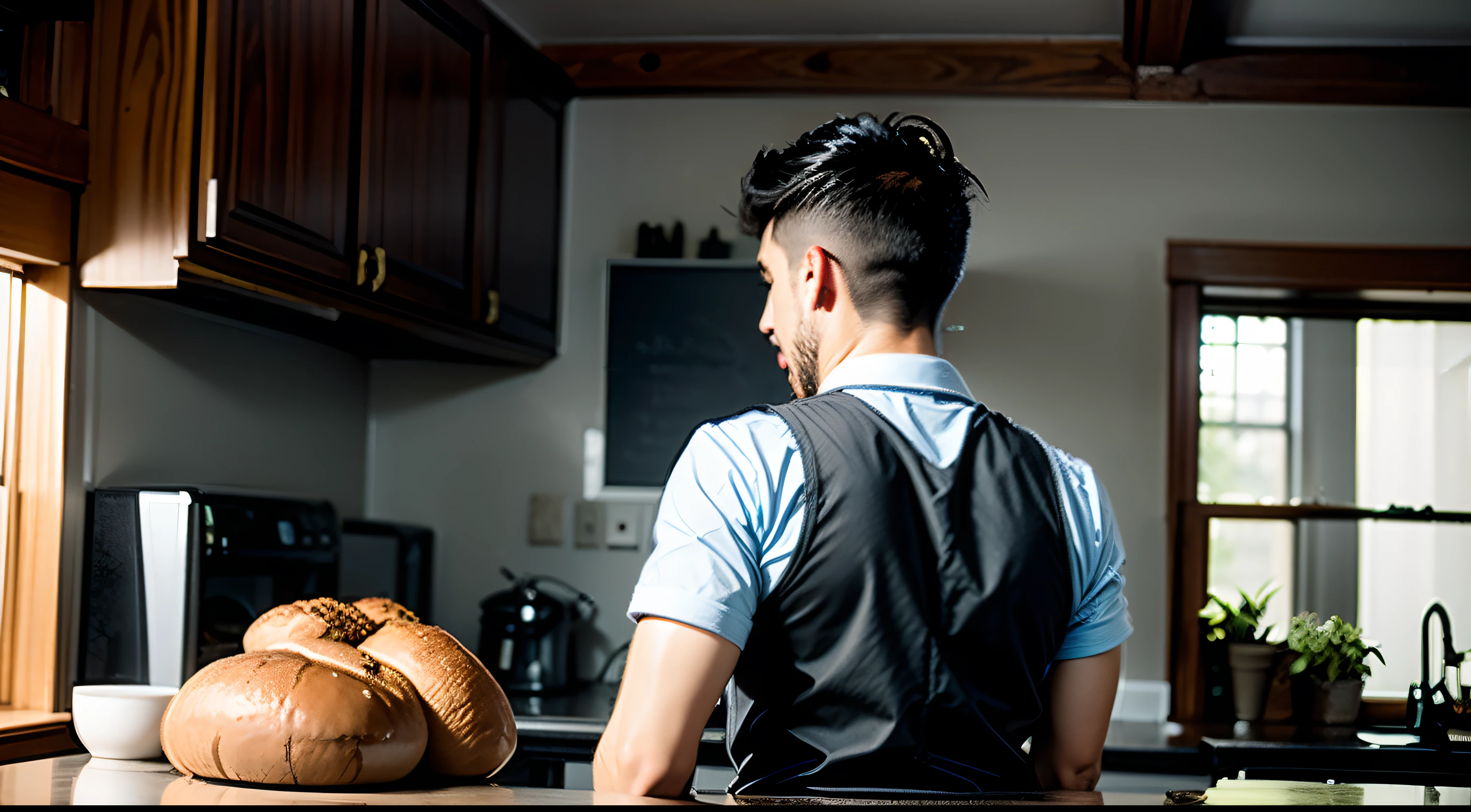 best qualtiy,8K,Back shadow,Man baker,Baker costume half,Bread kitchen in the background