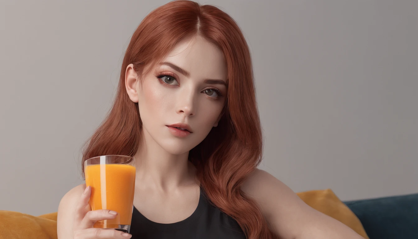 RAW, professional photograph, movie photograph, medium shot, Female, thirty years old, athletic body, soft facial features, long hair, straight hair, red hair, black eyes, sitting on couch, drinking orange juice, wearing casual clothes, Realism, hyperrealism, ray tracing, high details, super detail, UHD, 8k