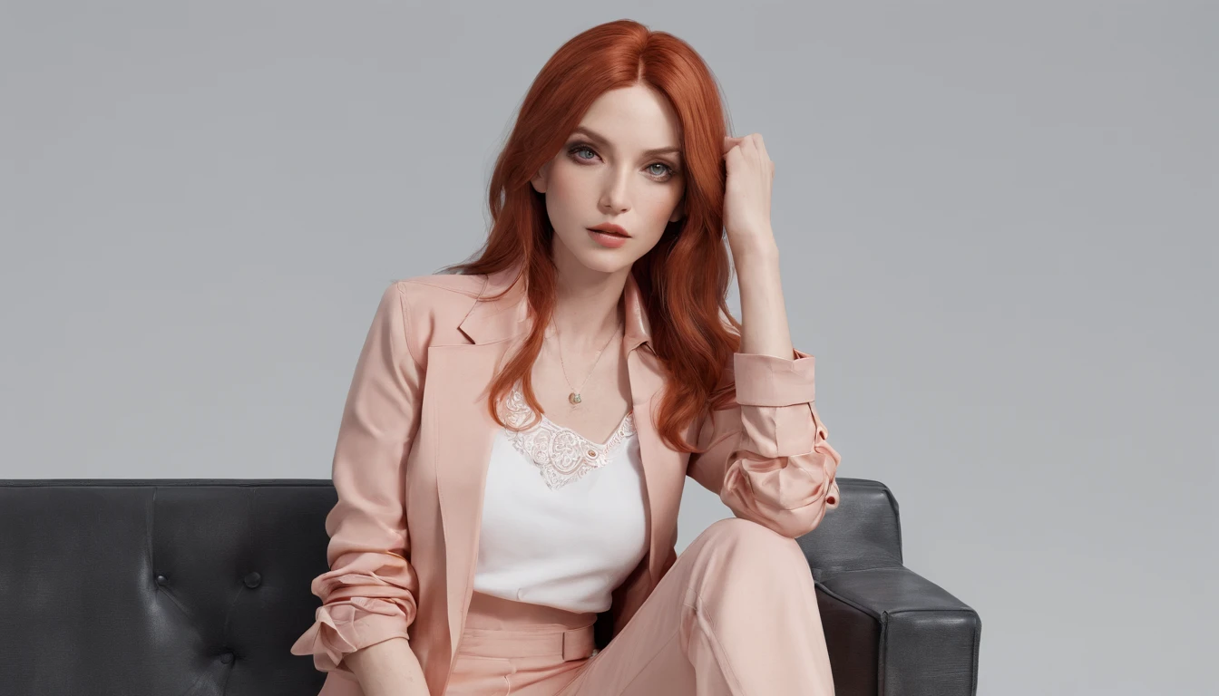 RAW, professional photograph, movie photograph, medium shot, Female, thirty years old, athletic body, soft facial features, long hair, straight hair, red hair, black eyes, sitting on couch, drinking orange juice, wearing casual clothes, Realism, hyperrealism, ray tracing, high details, super detail, UHD, 8k