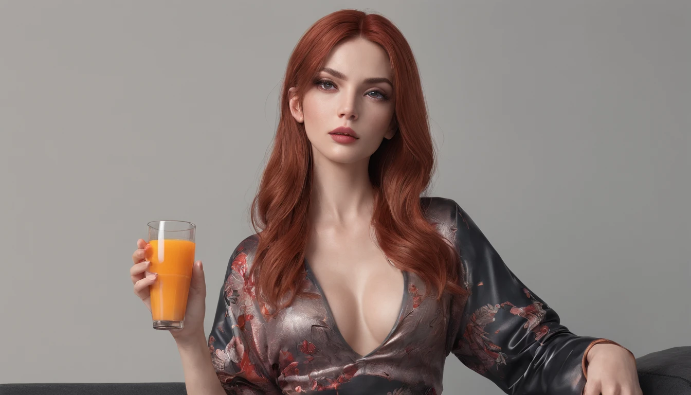 RAW, professional photograph, movie photograph, medium shot, Female, thirty years old, athletic body, soft facial features, long hair, straight hair, red hair, black eyes, sitting on couch, drinking orange juice, wearing casual clothes, Realism, hyperrealism, ray tracing, high details, super detail, UHD, 8k