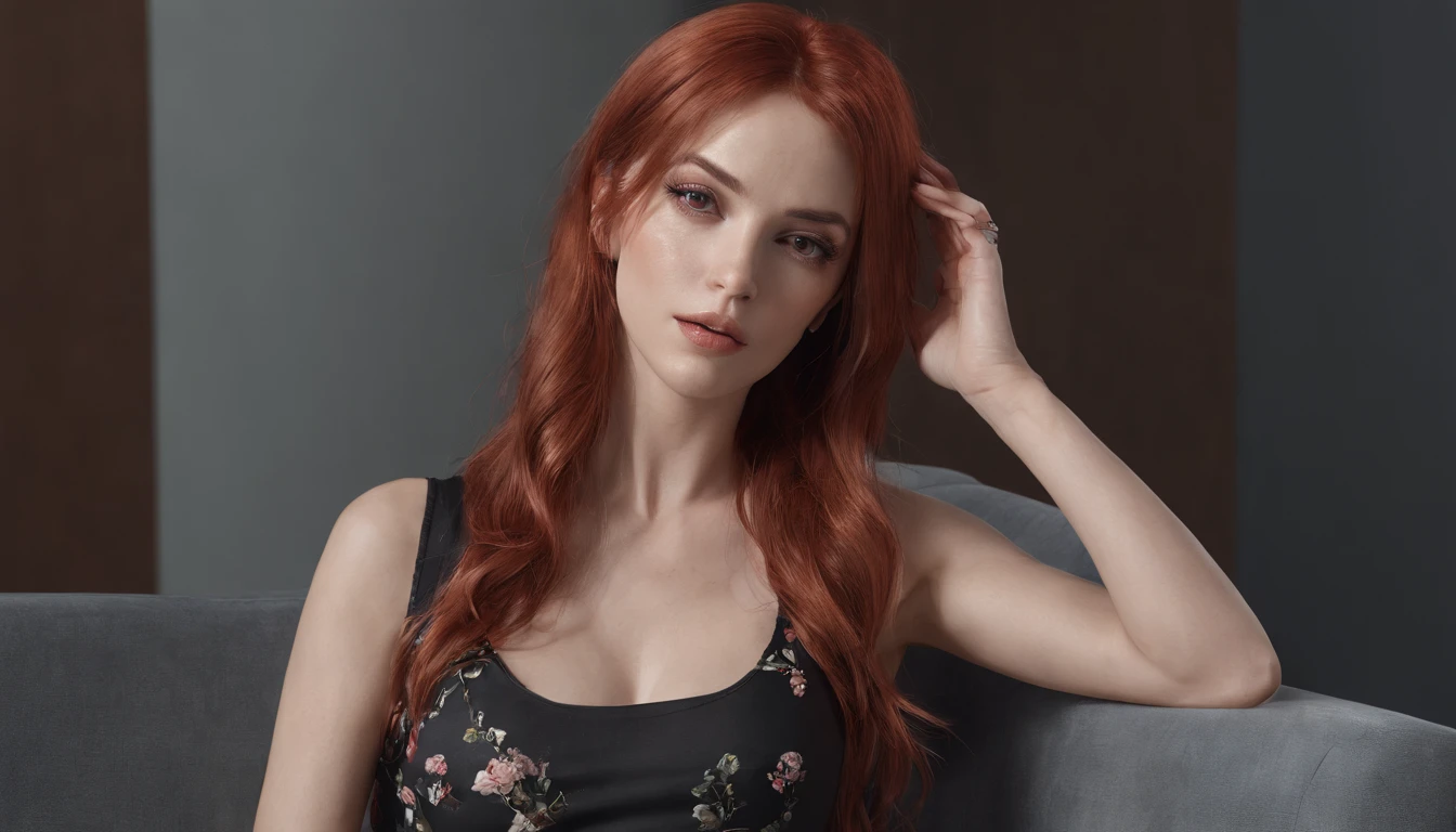 RAW, professional photograph, movie photograph, medium shot, Female, thirty years old, athletic body, soft facial features, long hair, straight hair, red hair, black eyes, sitting on couch, drinking orange juice, wearing casual clothes, Realism, hyperrealism, ray tracing, high details, super detail, UHD, 8k
