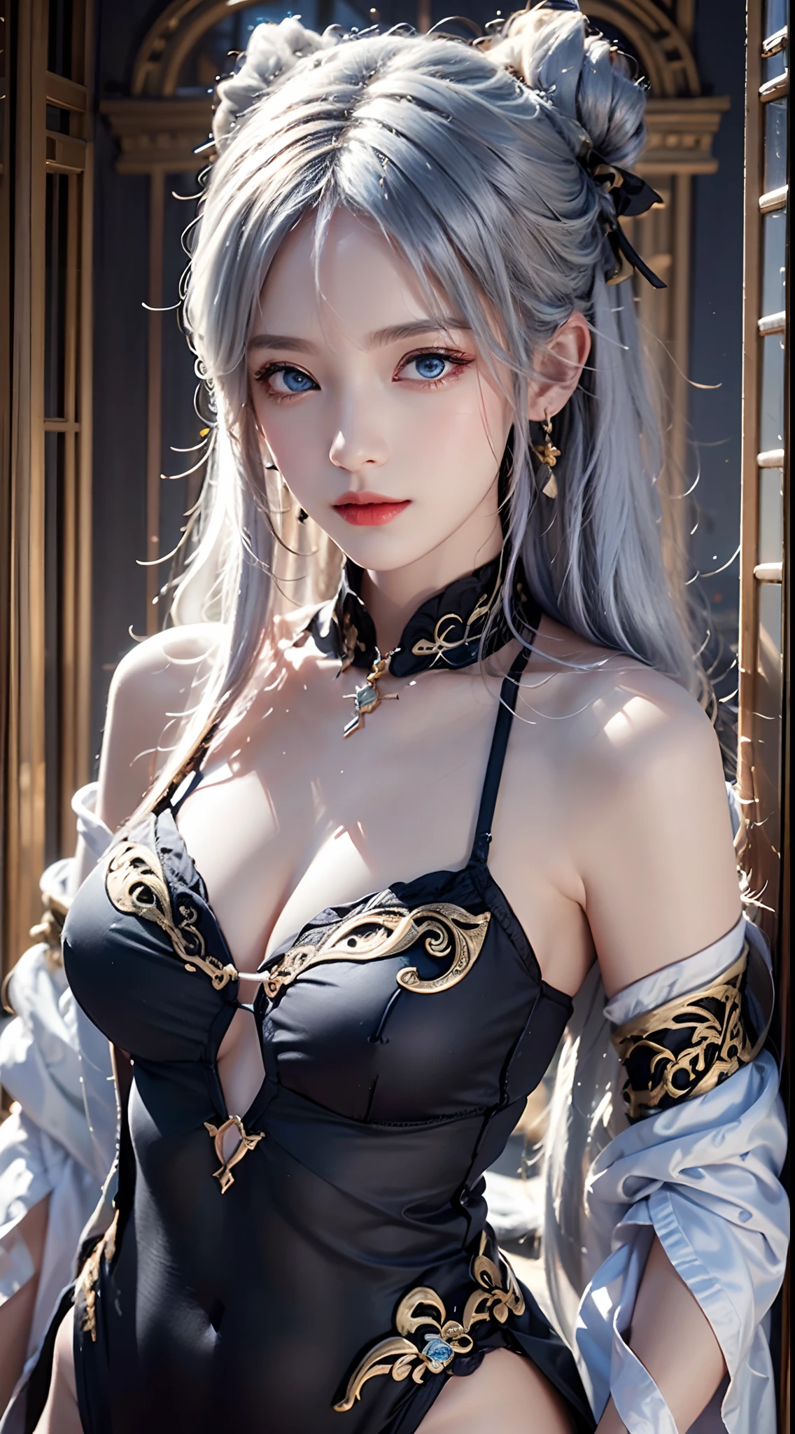 photorealistic, high resolution, soft lights, 1women, solo, hips up, look at viewer, (detailed face), blue eyes, white hair, long hair, (silk Ribbon in front:1.3),earrings,filigree,detached sleeves,wide sleeves,(revealing clothes),jewelry, (cleavage,bare shoulder,strapless,Simple Choker,tube dress,no bra:1.1),ningguangdef