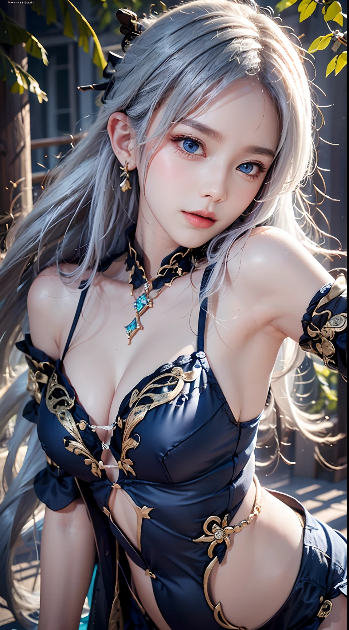 photorealistic, high resolution, soft lights, 1women, solo, hips up, look at viewer, (detailed face), blue eyes, white hair, long hair, (silk Ribbon in front:1.3),earrings,filigree,detached sleeves,wide sleeves,(revealing clothes),jewelry, (cleavage,bare shoulder,strapless,Simple Choker,tube dress,no bra:1.1),ningguangdef