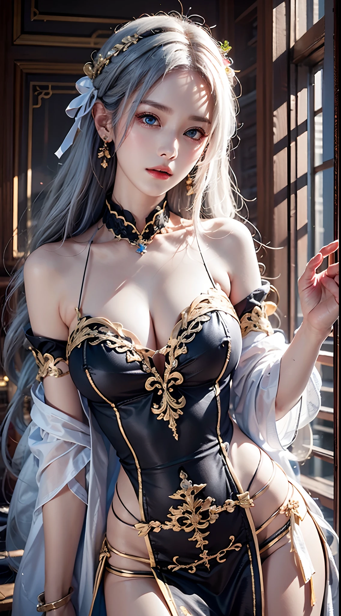 photorealistic, high resolution, soft lights, 1women, solo, hips up, look at viewer, (detailed face), blue eyes, white hair, long hair, (silk Ribbon in front:1.3),earrings,filigree,detached sleeves,wide sleeves,(revealing clothes),jewelry, (cleavage,bare shoulder,strapless,Simple Choker,tube dress,no bra:1.1),ningguangdef
