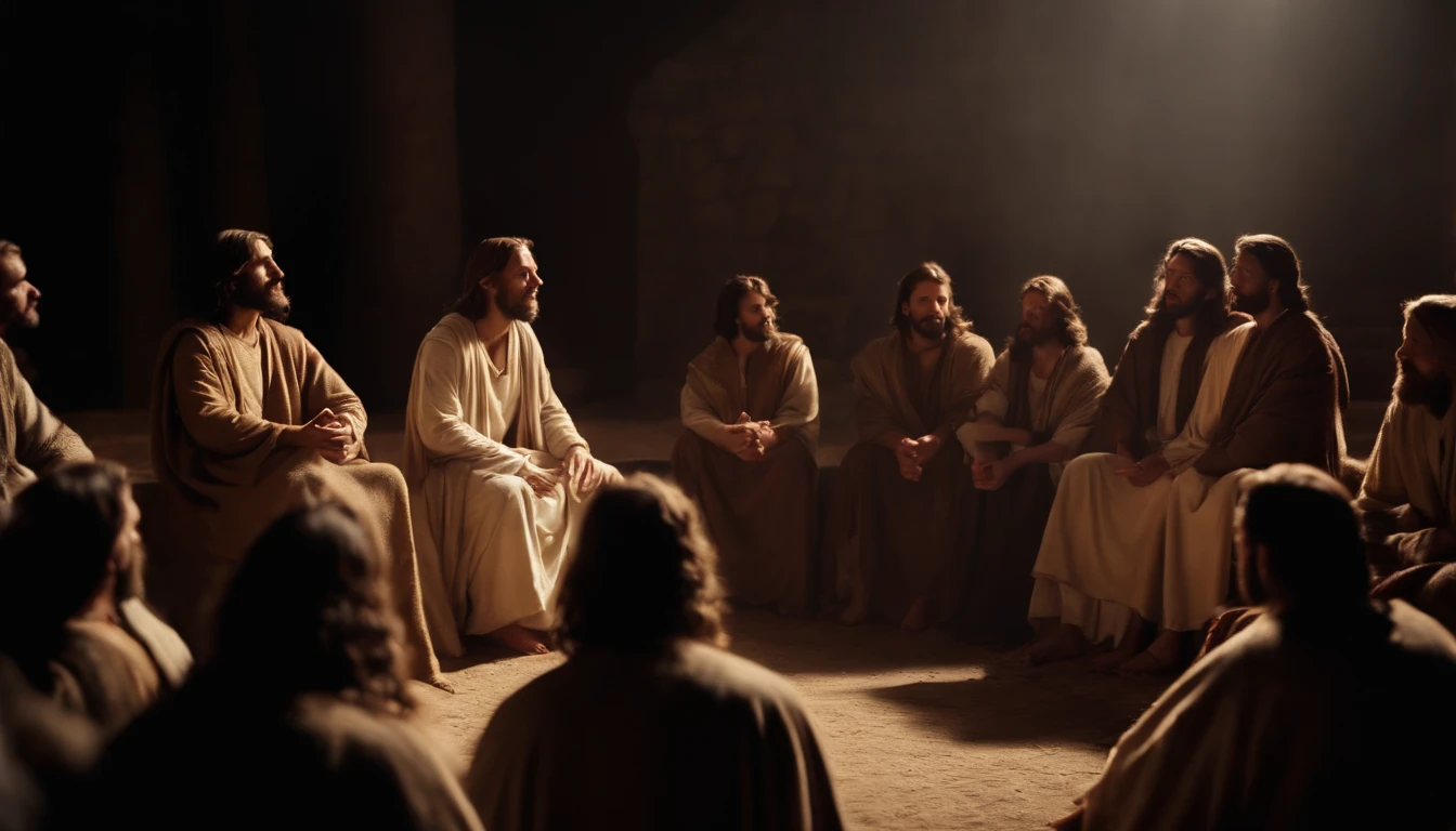 Jesus talking to his disciples and many followers around