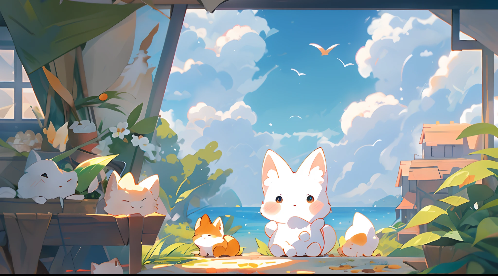 The little fox lies on its stomach in the window,Watch fluffy white clouds drift around in the blue sky,Tilting asked:"Little bunny,You see,Those thunderous little clouds have not been reconciled?”