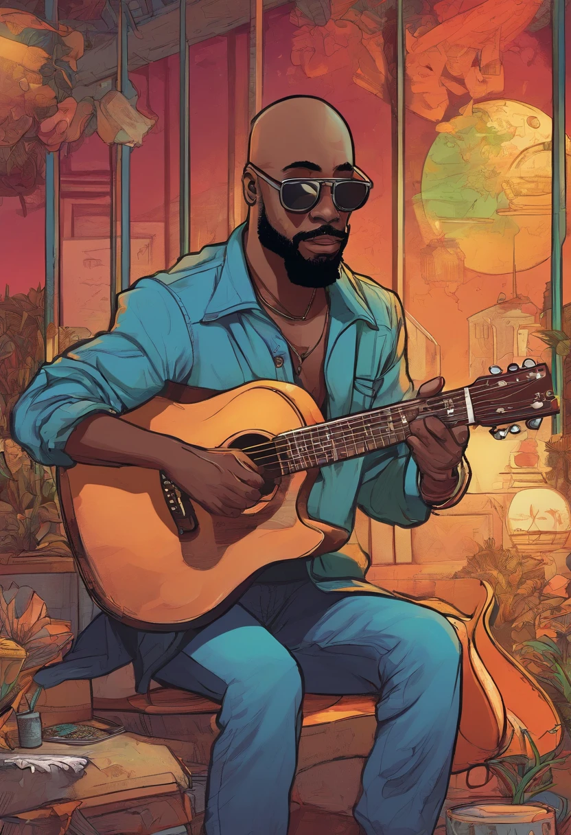 a dark-skinned, bald man with a beard and sunglasses on his face, approximately 28 years old, sitting playing a guitar;