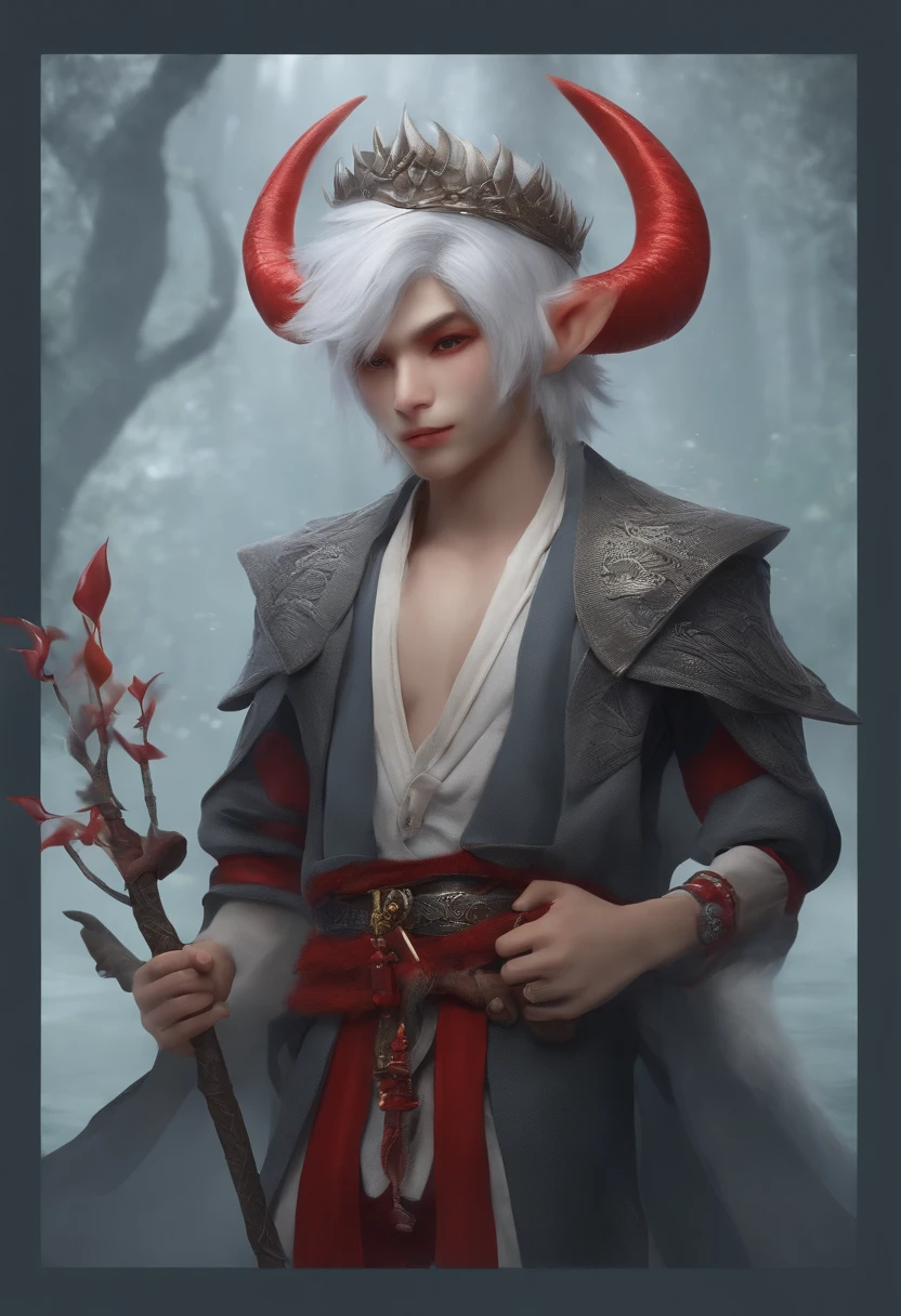 Boy troll, grey skin, white colored hair, red horns, Interesting clothes, Fish Khvos