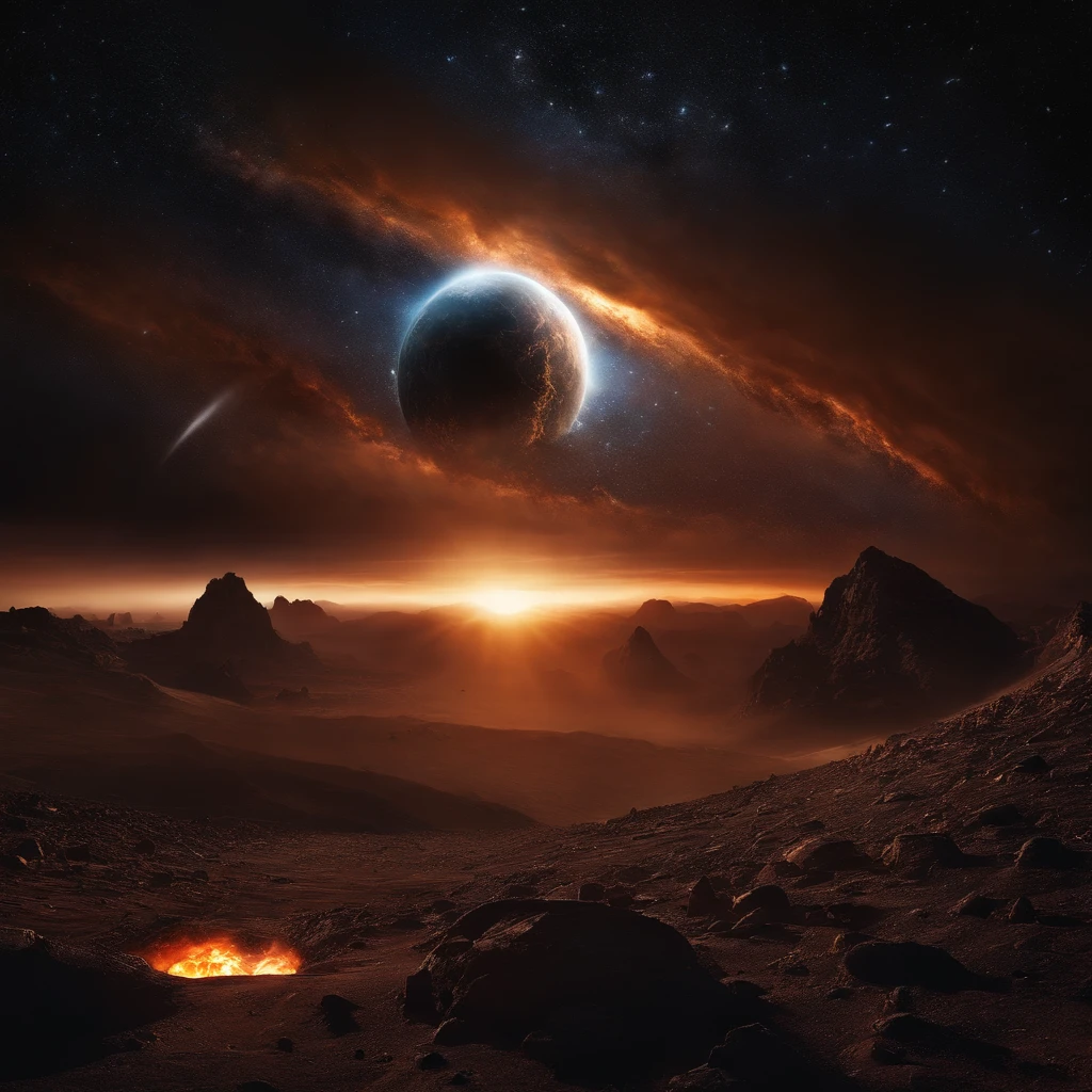 Best Quality, hight resolution, destroyed planet,space view,dark background,explosion debris,flying rocks,cracked surface,cosmic dust,fiery remnants,apocalyptic atmosphere,galaxy in distance,star-filled sky,cosmic devastation,otherworldly destruction,spectacular cosmic event,astronomical catastrophe,mesmerizing chaos,post-apocalyptic beauty,cosmic cataclysm,endless void