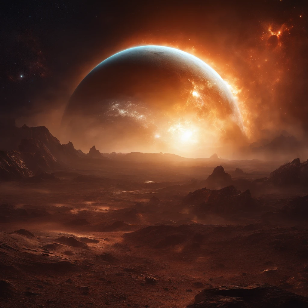 Best Quality, hight resolution, destroyed planet,space view,dark background,explosion debris,flying rocks,cracked surface,cosmic dust,fiery remnants,apocalyptic atmosphere,galaxy in distance,star-filled sky,cosmic devastation,otherworldly destruction,spectacular cosmic event,astronomical catastrophe,mesmerizing chaos,post-apocalyptic beauty,cosmic cataclysm,endless void