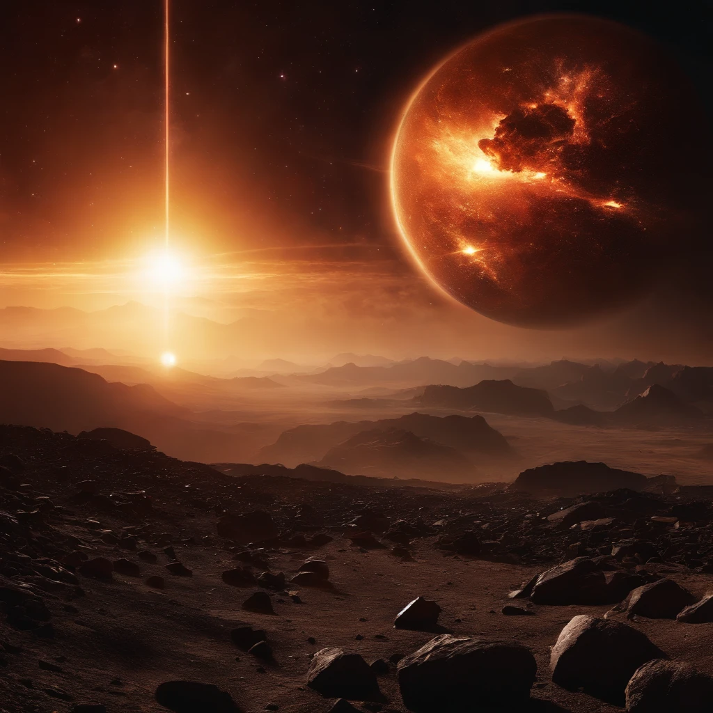 Best Quality, hight resolution, destroyed planet,space view,dark background,explosion debris,flying rocks,cracked surface,cosmic dust,fiery remnants,apocalyptic atmosphere,galaxy in distance,star-filled sky,cosmic devastation,otherworldly destruction,spectacular cosmic event,astronomical catastrophe,mesmerizing chaos,post-apocalyptic beauty,cosmic cataclysm,endless void