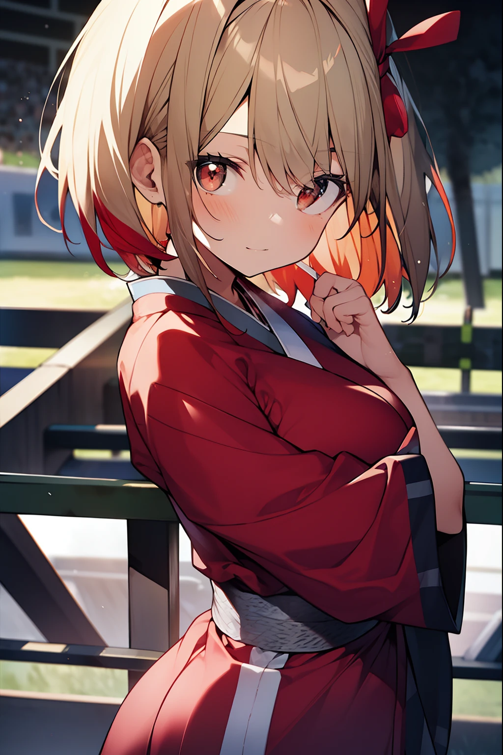 chisatonishikigi, nishikigi chisato, short hair, bangs, blonde hair, (red eyes:1.5), hair ribbon, one side up, bob cut,
BREAK japanese clothes, kimono, apron, red ribbon, waitress, red kimono,
BREAK outdoors, track and field,
BREAK looking at viewer, BREAK (masterpiece:1.2), best quality, high resolution, unity 8k wallpaper, (illustration:0.8), (beautiful detailed eyes:1.6), extremely detailed face, perfect lighting, extremely detailed CG, (perfect hands, perfect anatomy),