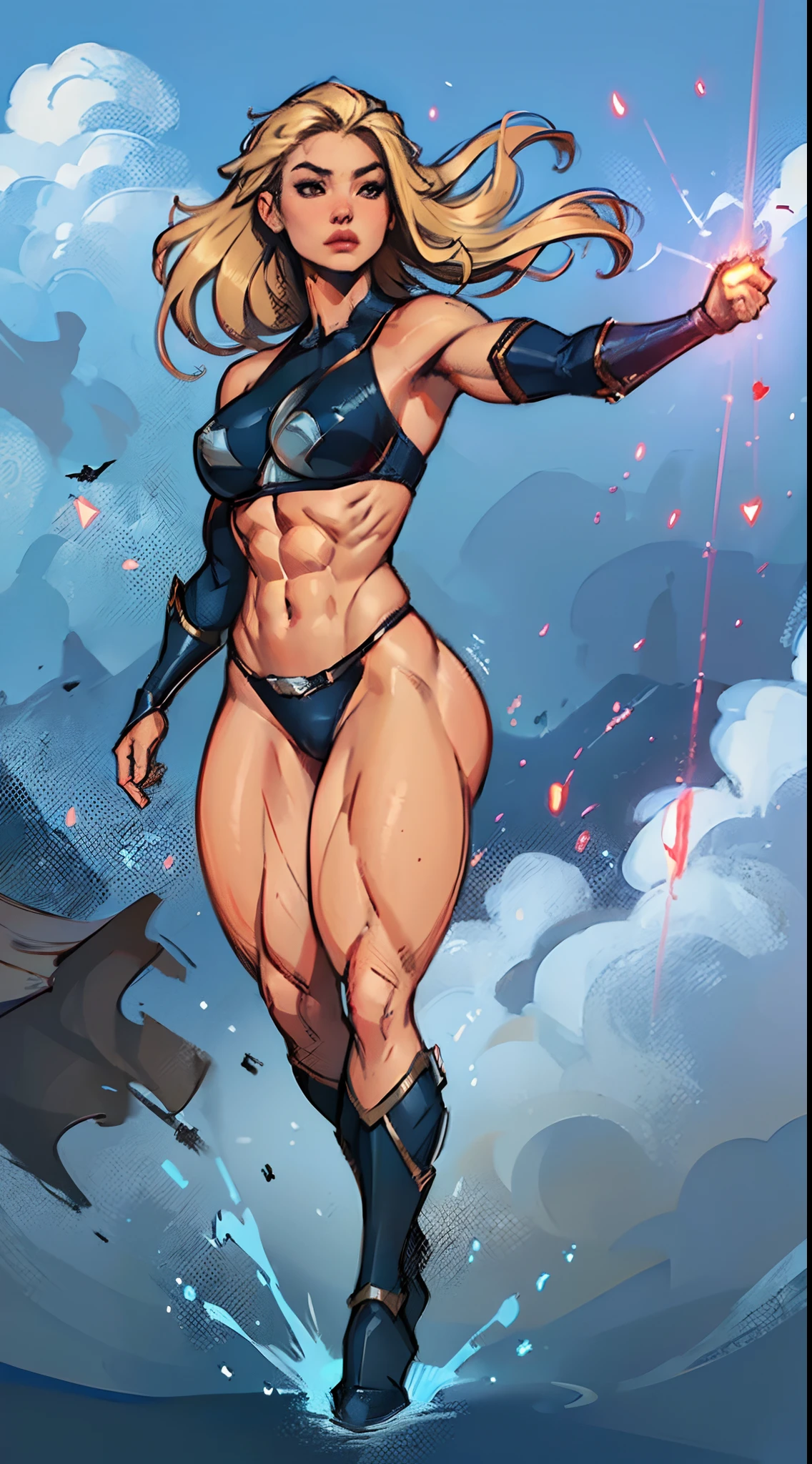 (best quality,ultra-detailed,realistic:1.37)full body ,superhero,woman,steel bikini,blonde hair,medium-sized breasts, red eyes , controling gravity ,floating,blue cap,muscular physique,vivid colors,strong lighting,hint of wind,energy aura,combat pose,graceful movement,dynamic background