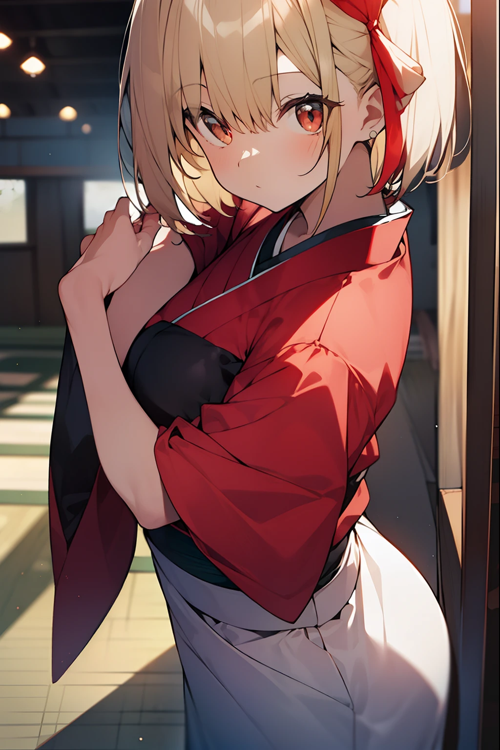 chisatonishikigi, nishikigi chisato, short hair, bangs, blonde hair, (red eyes:1.5), hair ribbon, one side up, bob cut,
BREAK japanese clothes, kimono, apron, red ribbon, waitress, red kimono,
BREAK outdoors, track and field,
BREAK looking at viewer, BREAK (masterpiece:1.2), best quality, high resolution, unity 8k wallpaper, (illustration:0.8), (beautiful detailed eyes:1.6), extremely detailed face, perfect lighting, extremely detailed CG, (perfect hands, perfect anatomy),