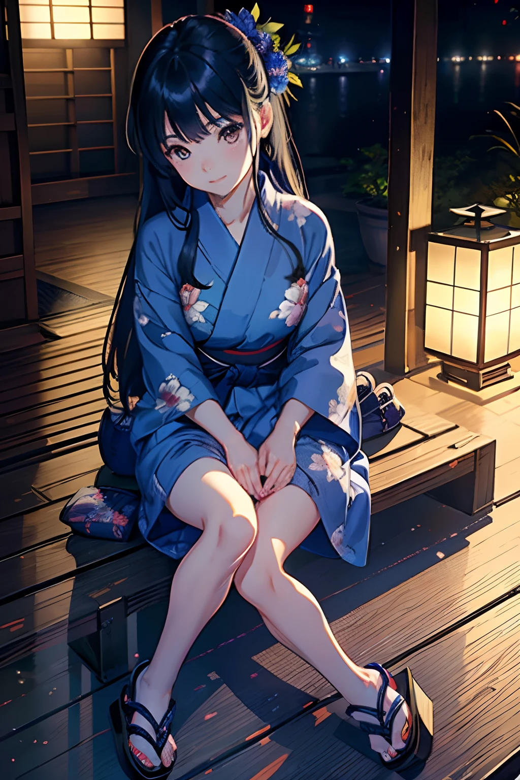 ​masterpiece, top-quality, Detailed details, Detailed landscapes, A detailed face、beatiful lights, Beautiful Shadows,Summer Festivals、Cheerful woman, sixteen years old、japanes, innocent smiles、,eye liner,Long hair、((Wearing yukata))、((((Hide up to your heels))))、(((Hide legs)))、(((Indigo yukata)))、with floral pattern、Accurate yukata modeling、Detailed yukata texture、((geta))、detailed skin textures, Tyndall effect,